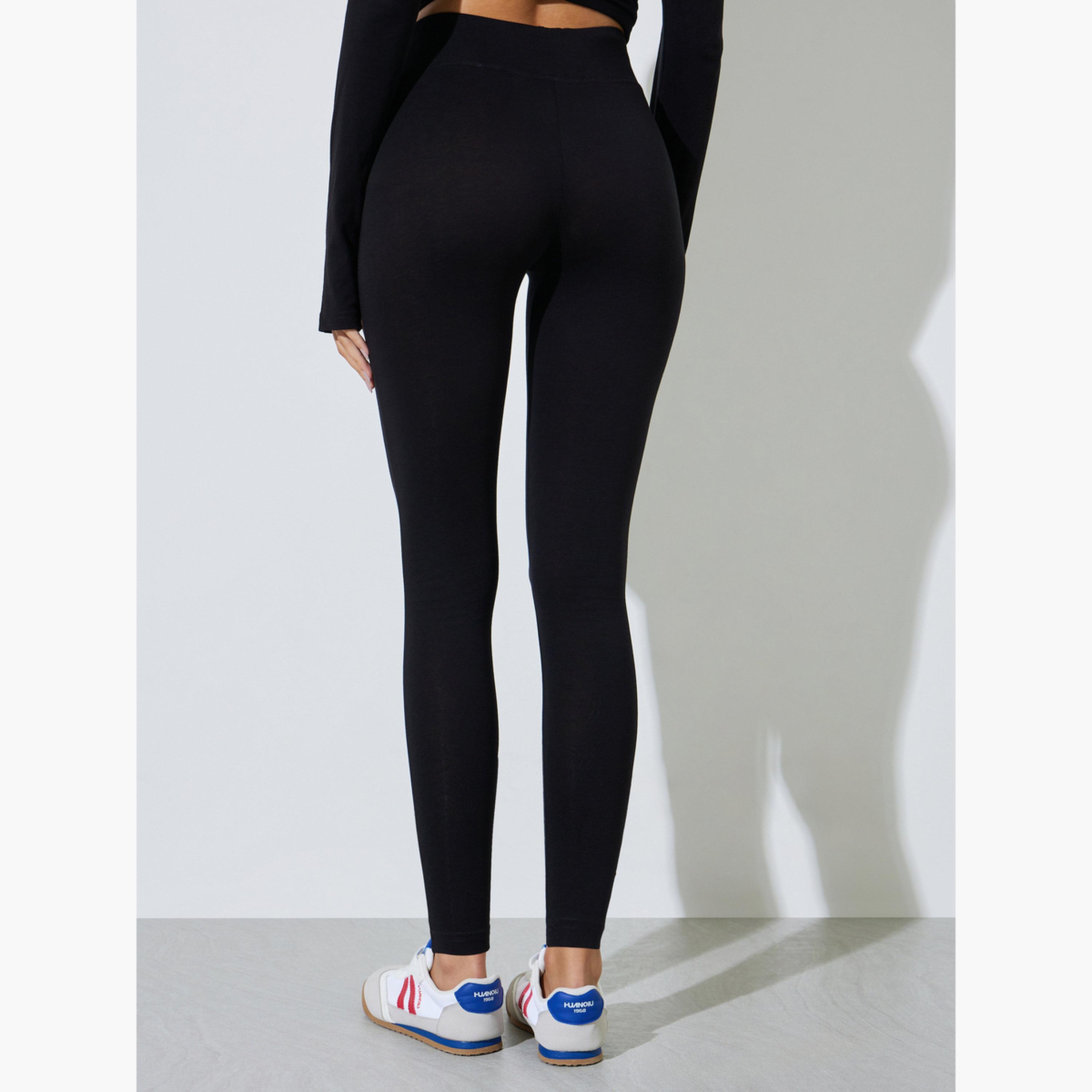 Styli Black Cotton Lycra Wide Waistband Leggings-women-clothing-bottoms-leggings-image-4