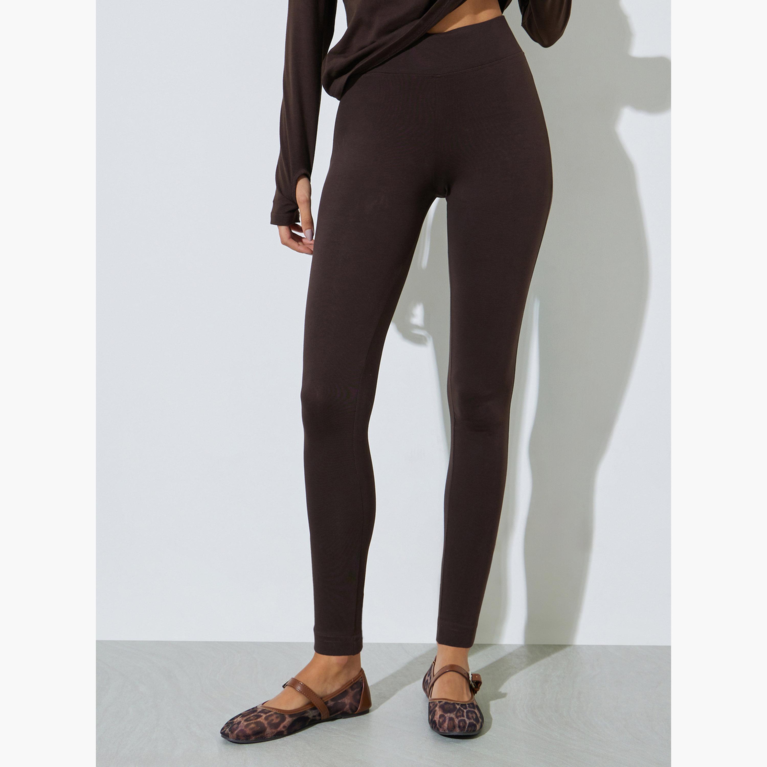 Styli Brown Cotton Lycra Wide Waistband Leggings-women-clothing-bottoms-leggings-image-1