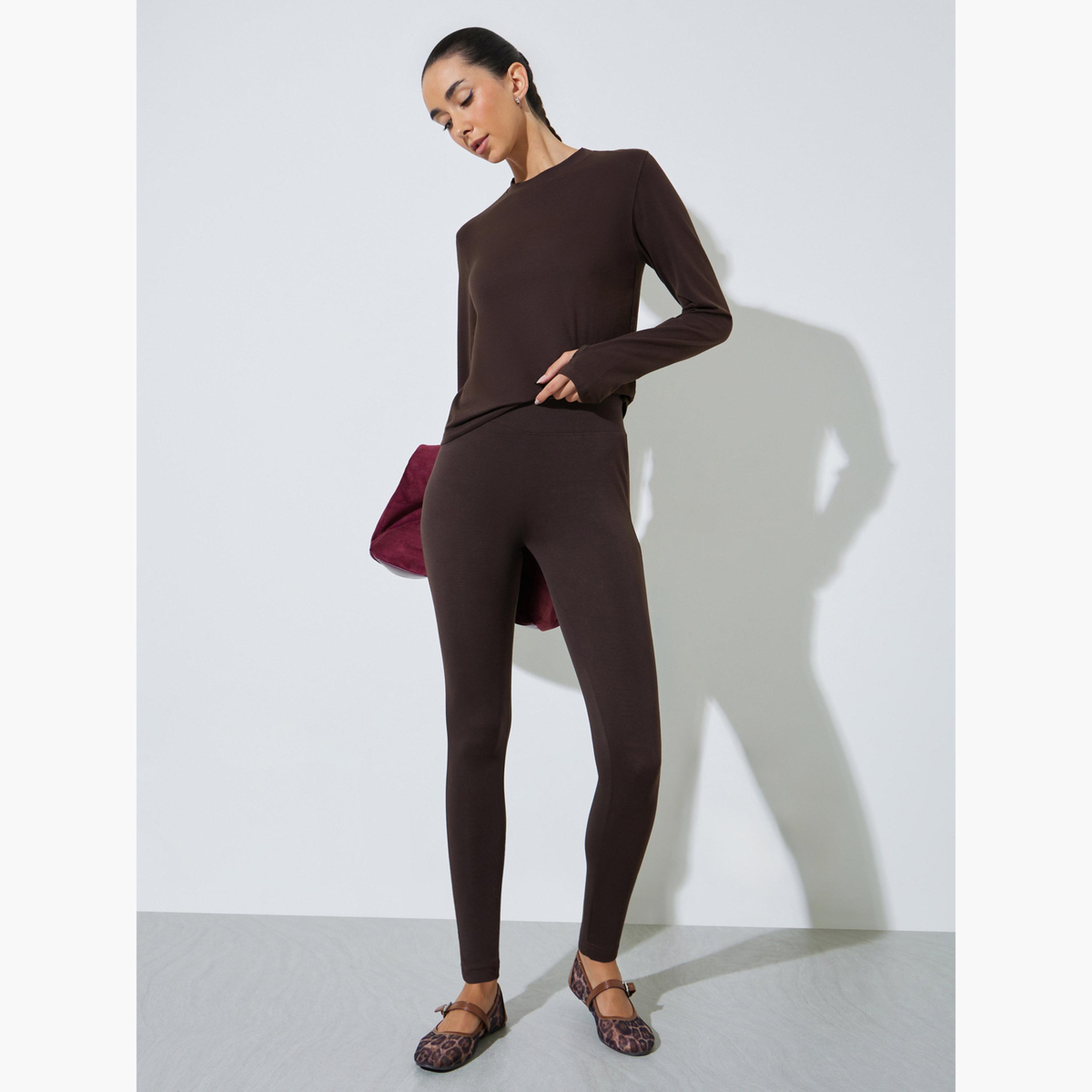 Styli Brown Cotton Lycra Wide Waistband Leggings-women-clothing-bottoms-leggings-image-2