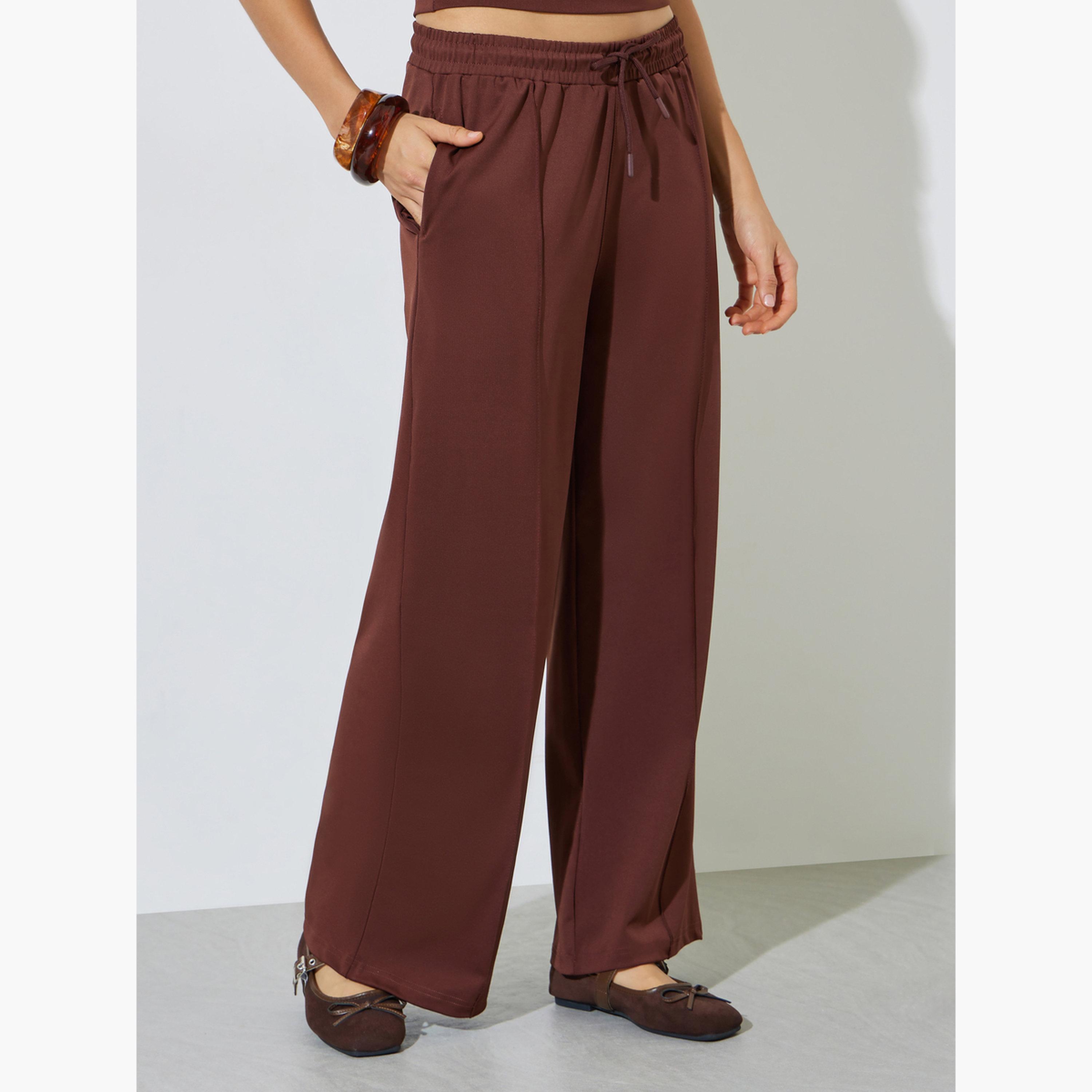 Styli Brown Scuba Wide Leg Joggers with Piping Detail-women-clothing-bottoms-joggers-image-1