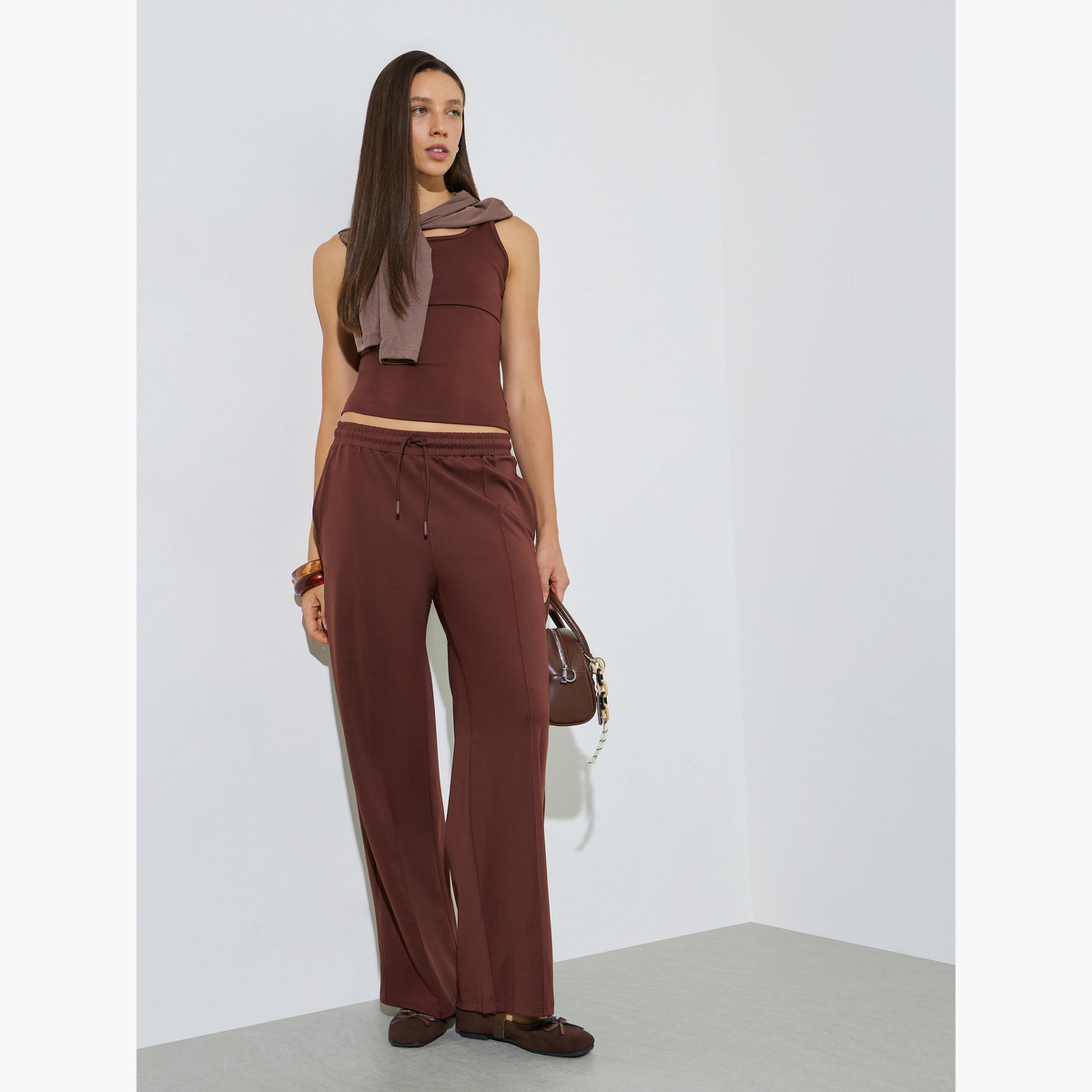 Styli Brown Scuba Wide Leg Joggers with Piping Detail-women-clothing-bottoms-joggers-image-2