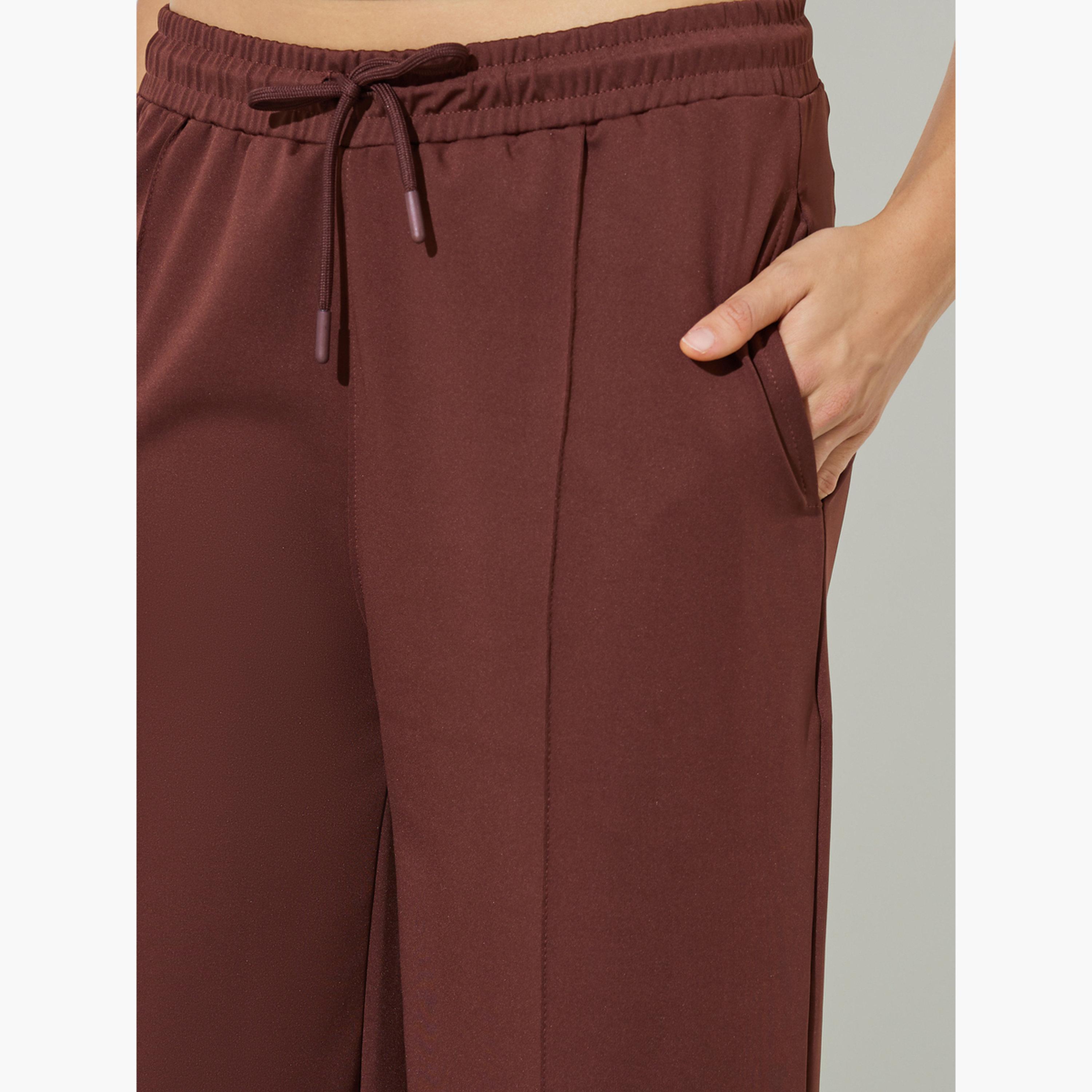 Styli Brown Scuba Wide Leg Joggers with Piping Detail-women-clothing-bottoms-joggers-image-3