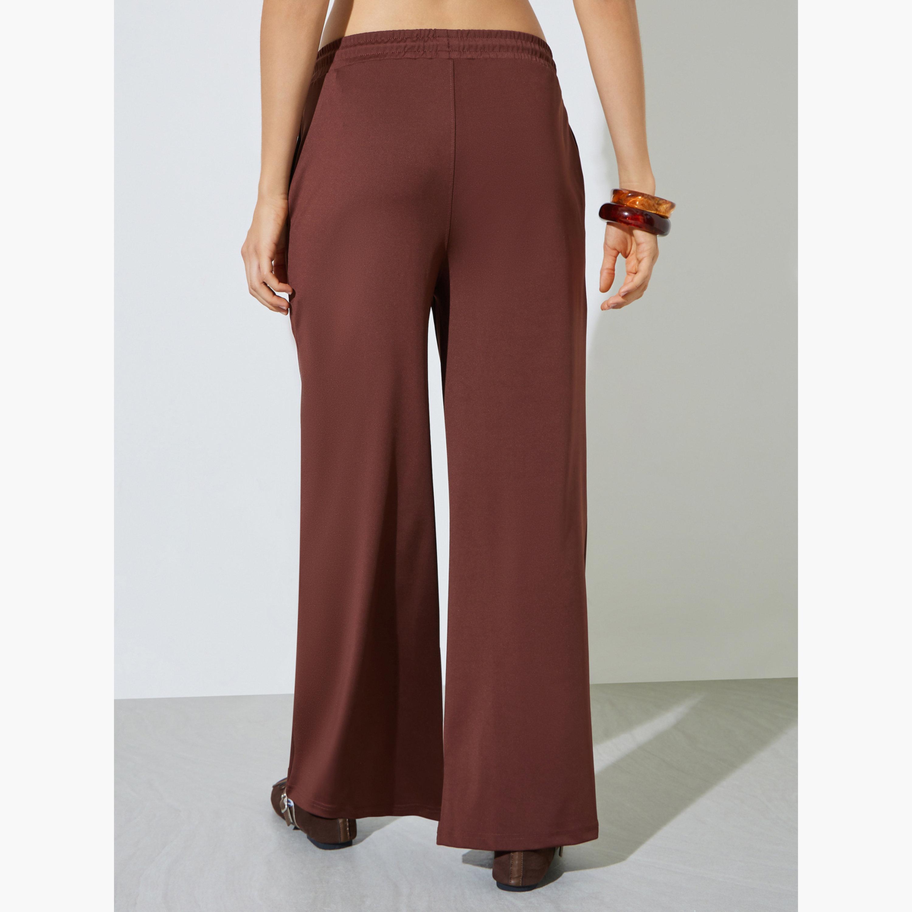 ستايلي - بنطال رياضي بني واسع الساقين بنمط غوص مع تفاصيل حواف مزخرفة-women-clothing-bottoms-joggers-image-4