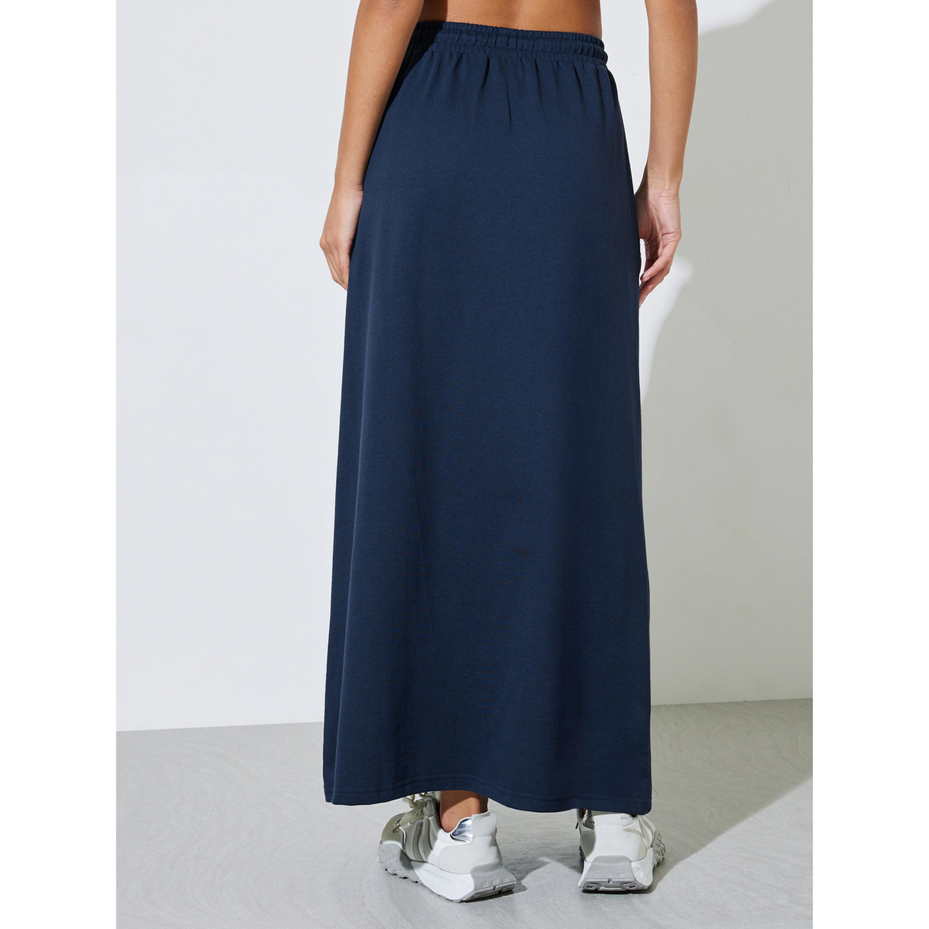 تنورة طويلة منسوجة بحافة واسعة بطبعة شعار أزرق داكن-women-clothing-skirts-image-3