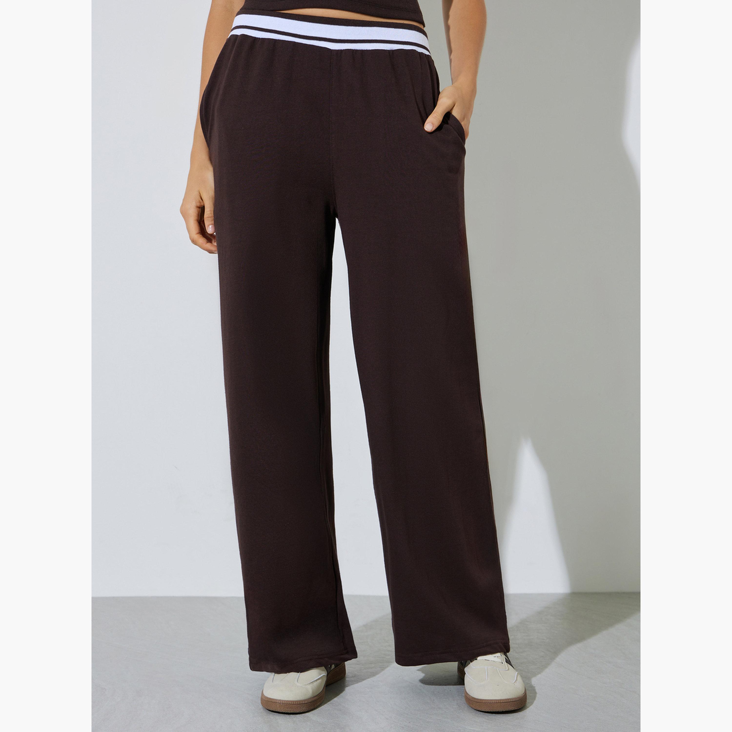 Styli Coffee Brown Solid Elasticated Waist Wide Leg Joggers-women-clothing-bottoms-joggers-image-1