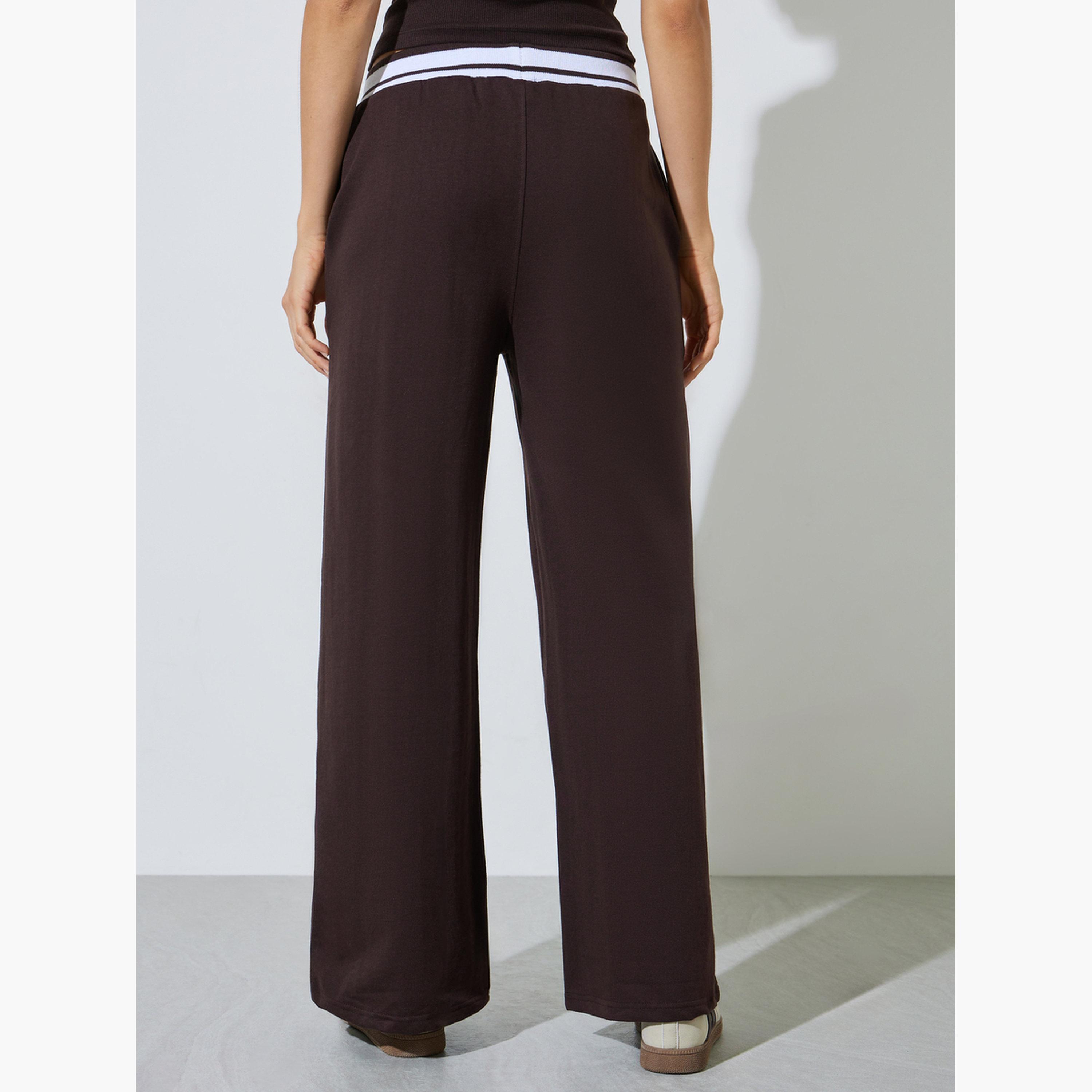 Styli Coffee Brown Solid Elasticated Waist Wide Leg Joggers-women-clothing-bottoms-joggers-image-4