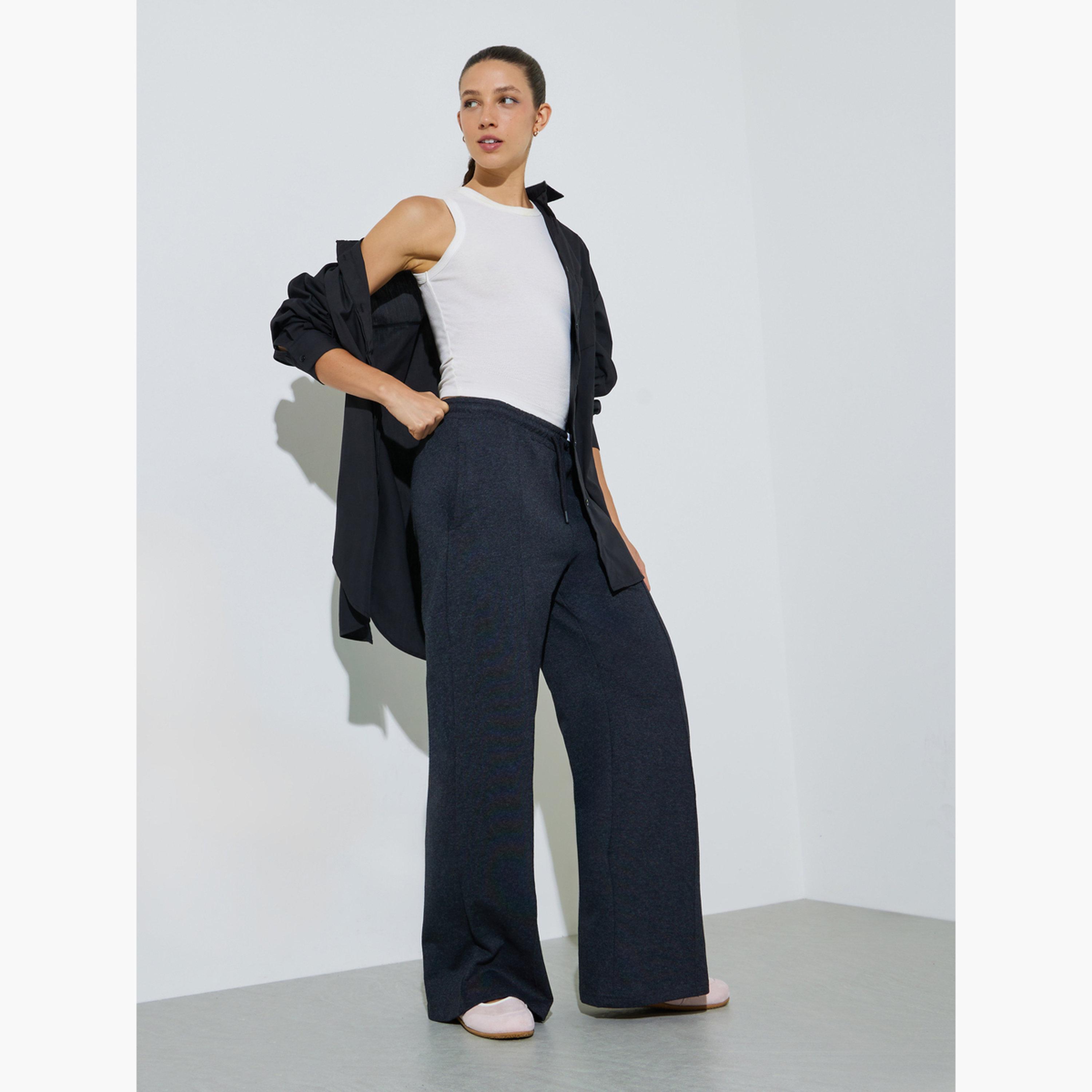 Styli Charcoal Solid Wide Leg Joggers with Drawstring Waistband-women-clothing-joggers-image-2