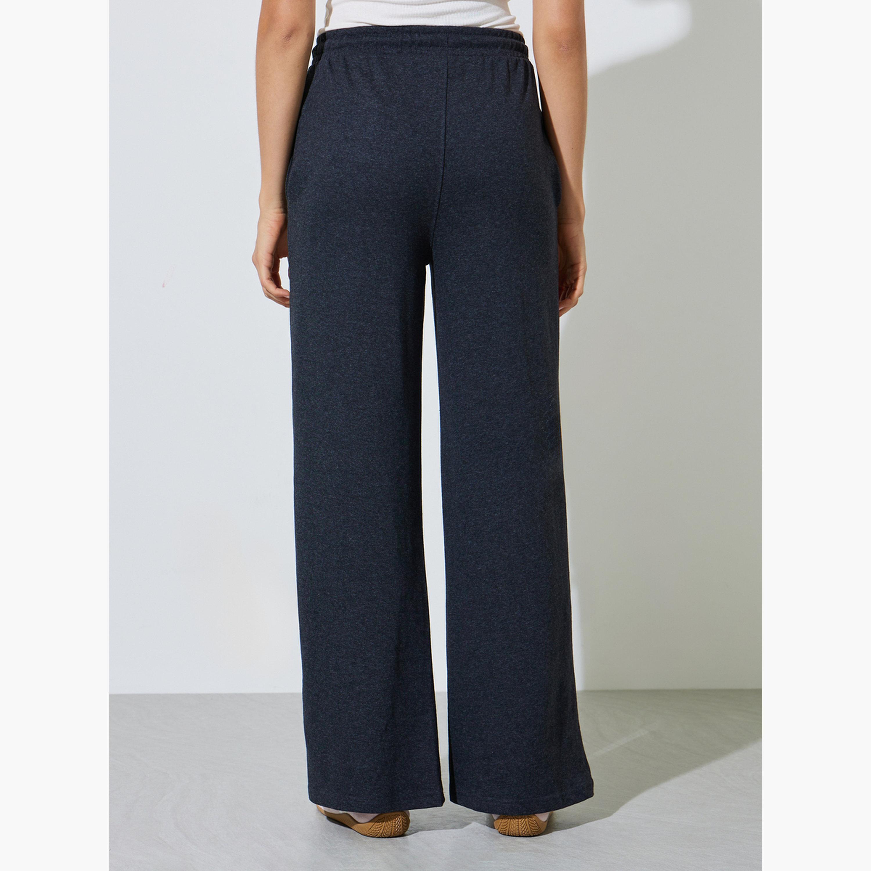 Styli Charcoal Solid Wide Leg Joggers with Drawstring Waistband-women-clothing-joggers-image-4