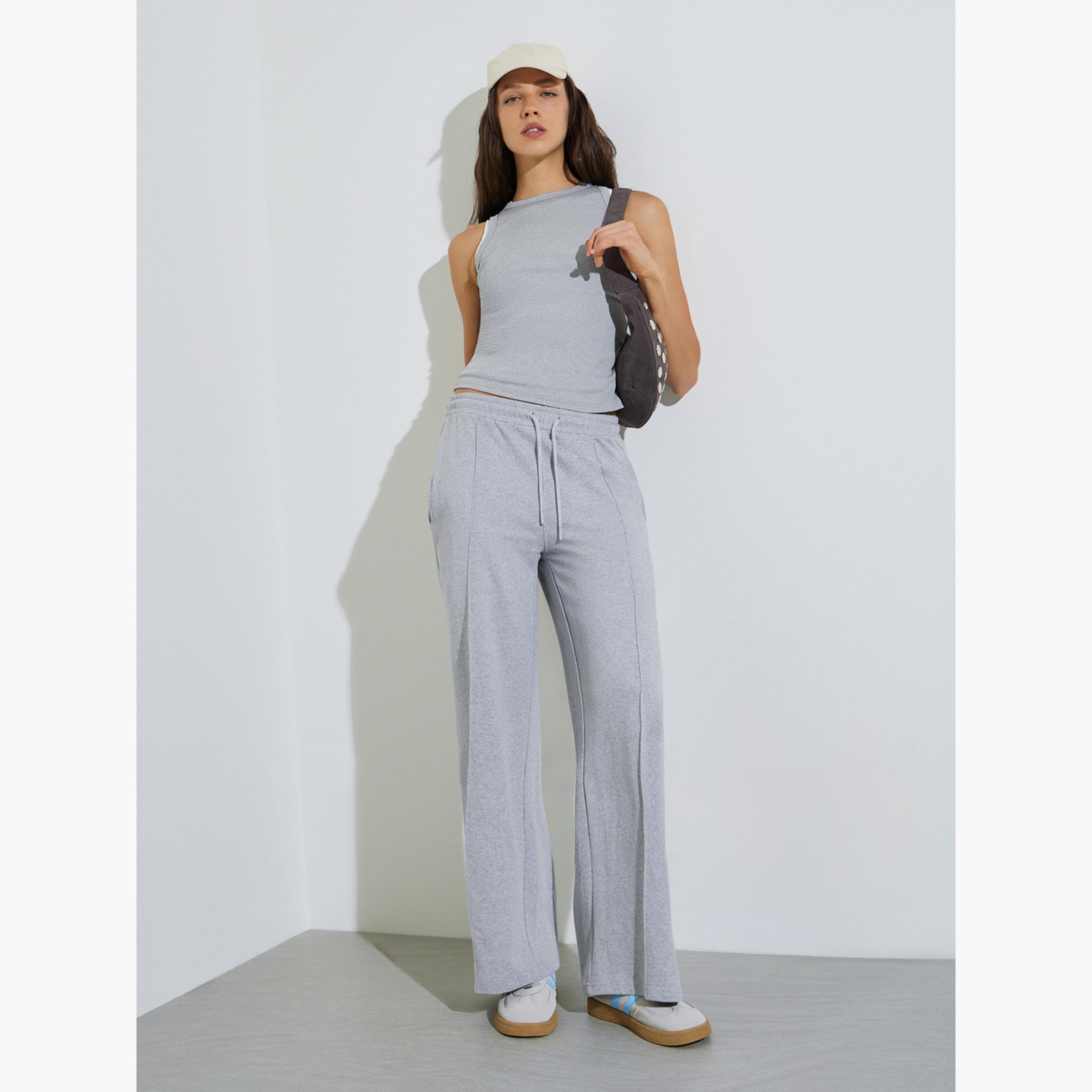 Styli Grey Solid Wide Leg Joggers with Drawstring Waistband-women-clothing-joggers-image-2