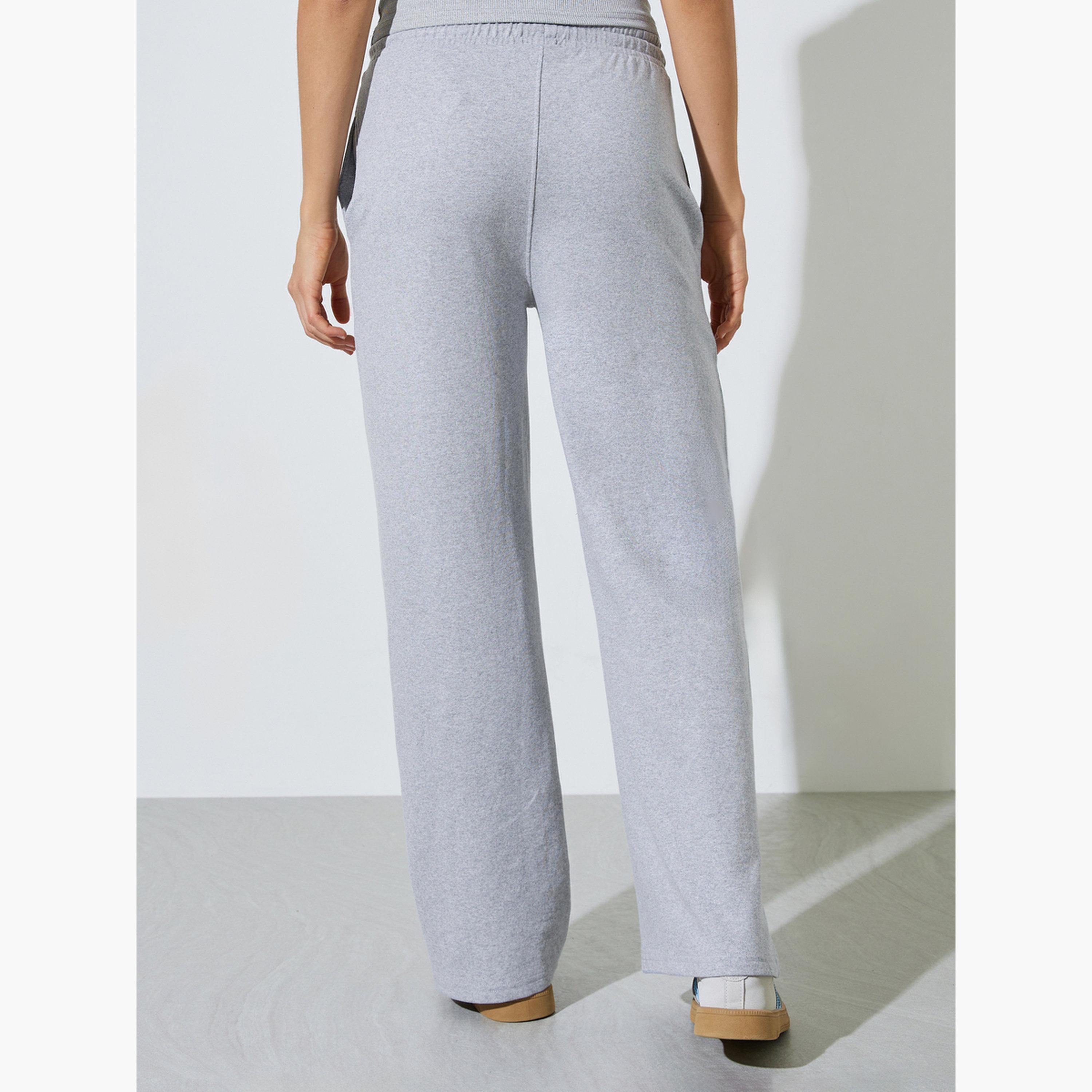 Styli Grey Solid Wide Leg Joggers with Drawstring Waistband-women-clothing-joggers-image-4