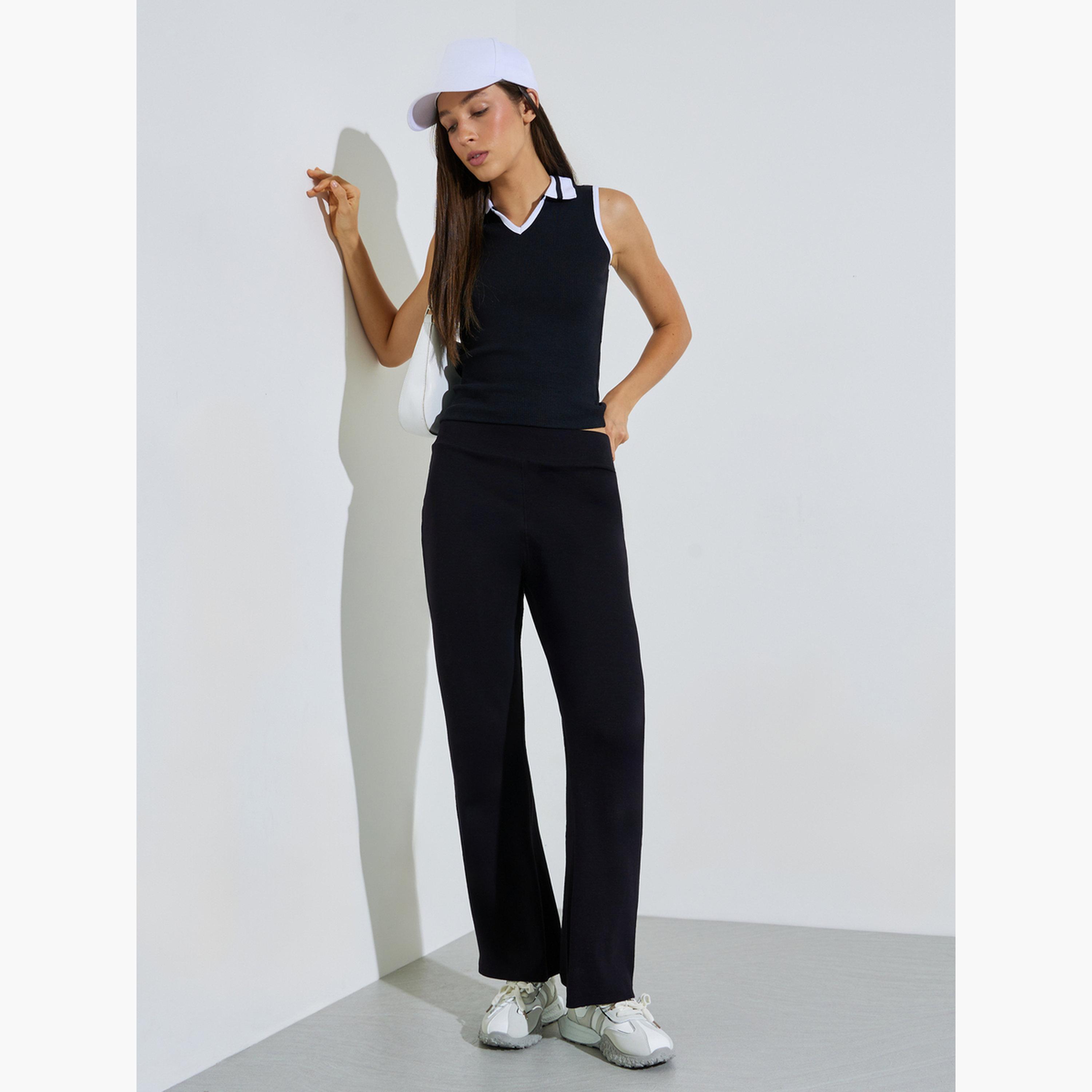ليقنز بتصميم واسع من الأسفل بلون سادة لون أسود-women-clothing-bottoms-leggings-image-2