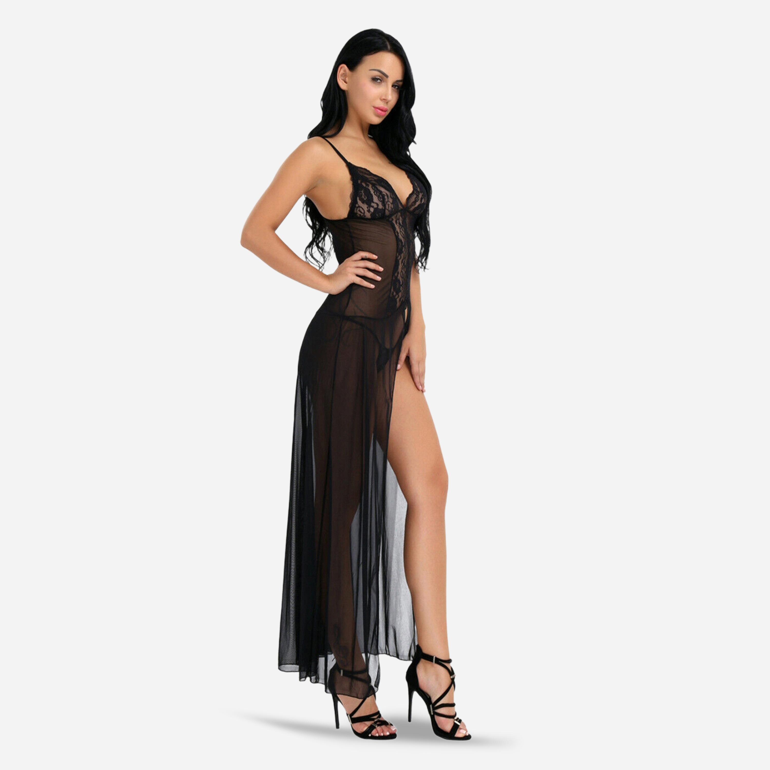 Take Two Lace Detail High Slit Mesh Slip Dress with Brief-women-clothing-lingerie-babydollsandbodysuits-image-2