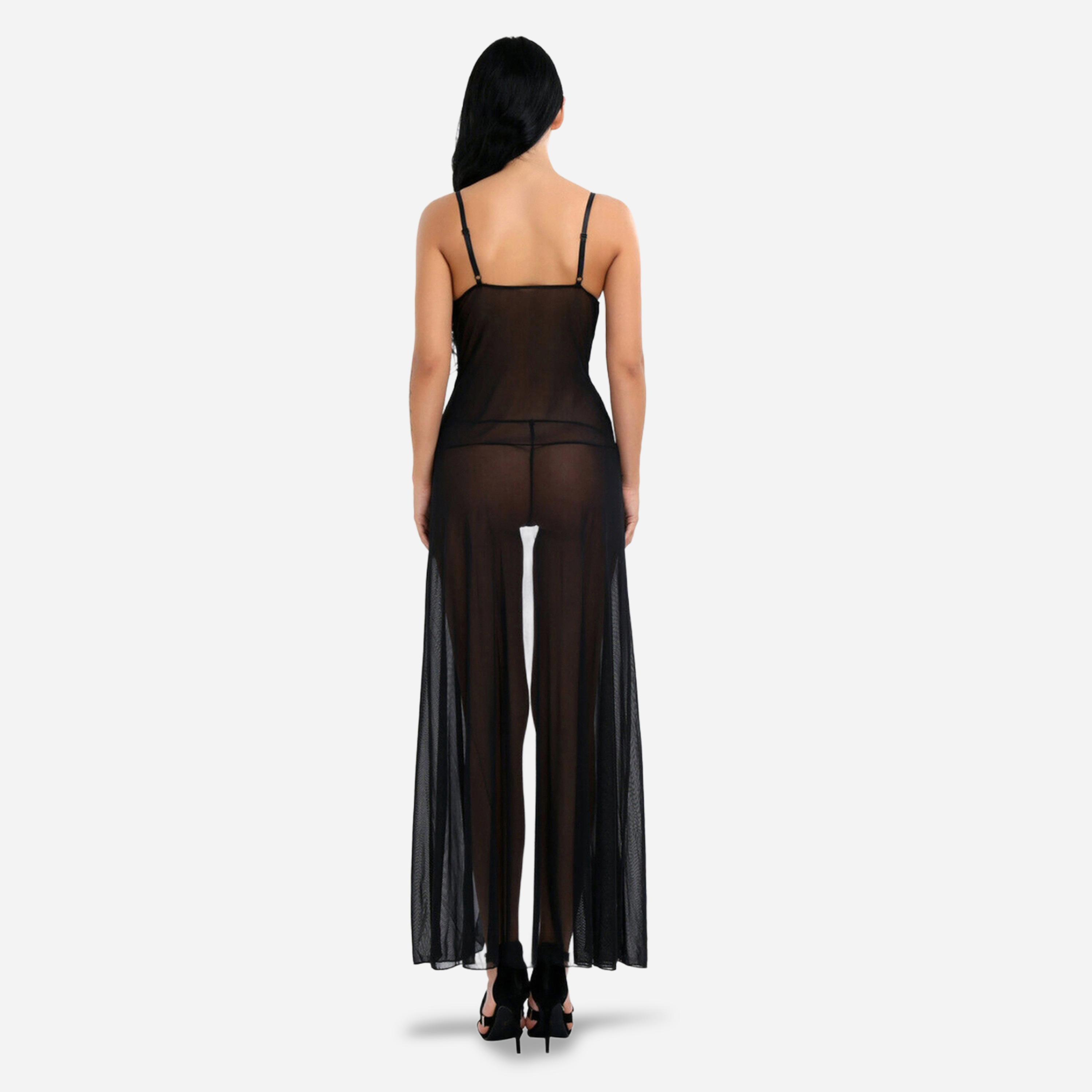 فستان تحتاني شبكي بفتحة عالية وتفاصيل دانتيل مع كيلوت-women-clothing-lingerie-babydollsandbodysuits-image-3