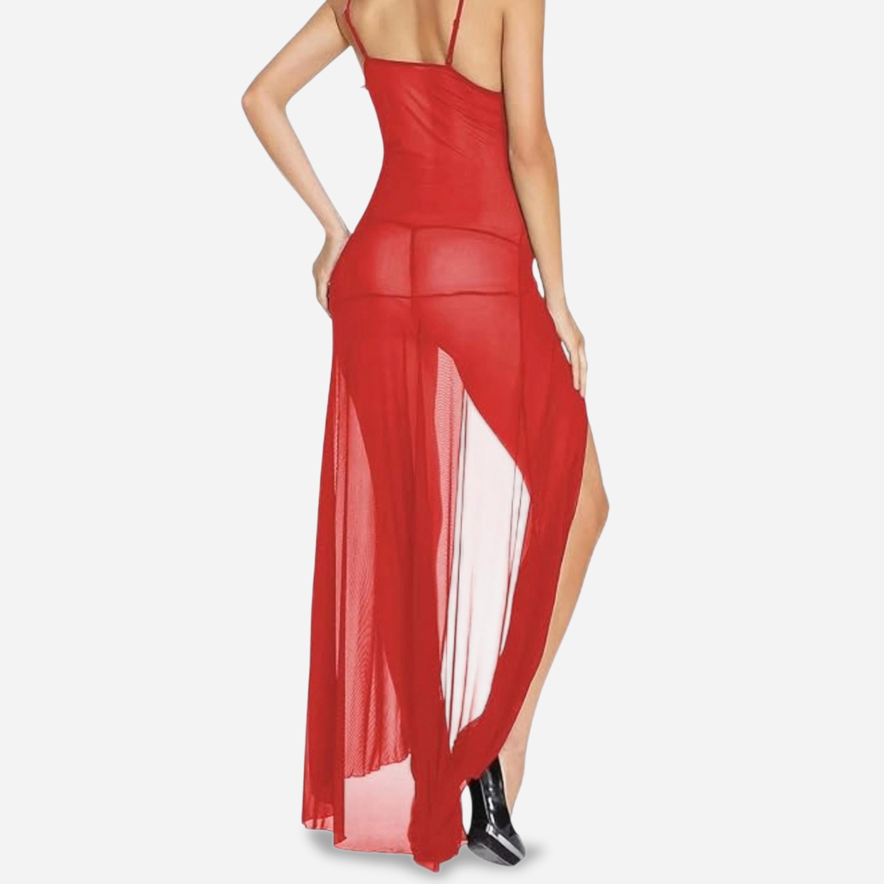 فستان تحتاني شبكي بفتحة عالية وتفاصيل دانتيل مع كيلوت-women-clothing-lingerie-babydollsandbodysuits-image-3