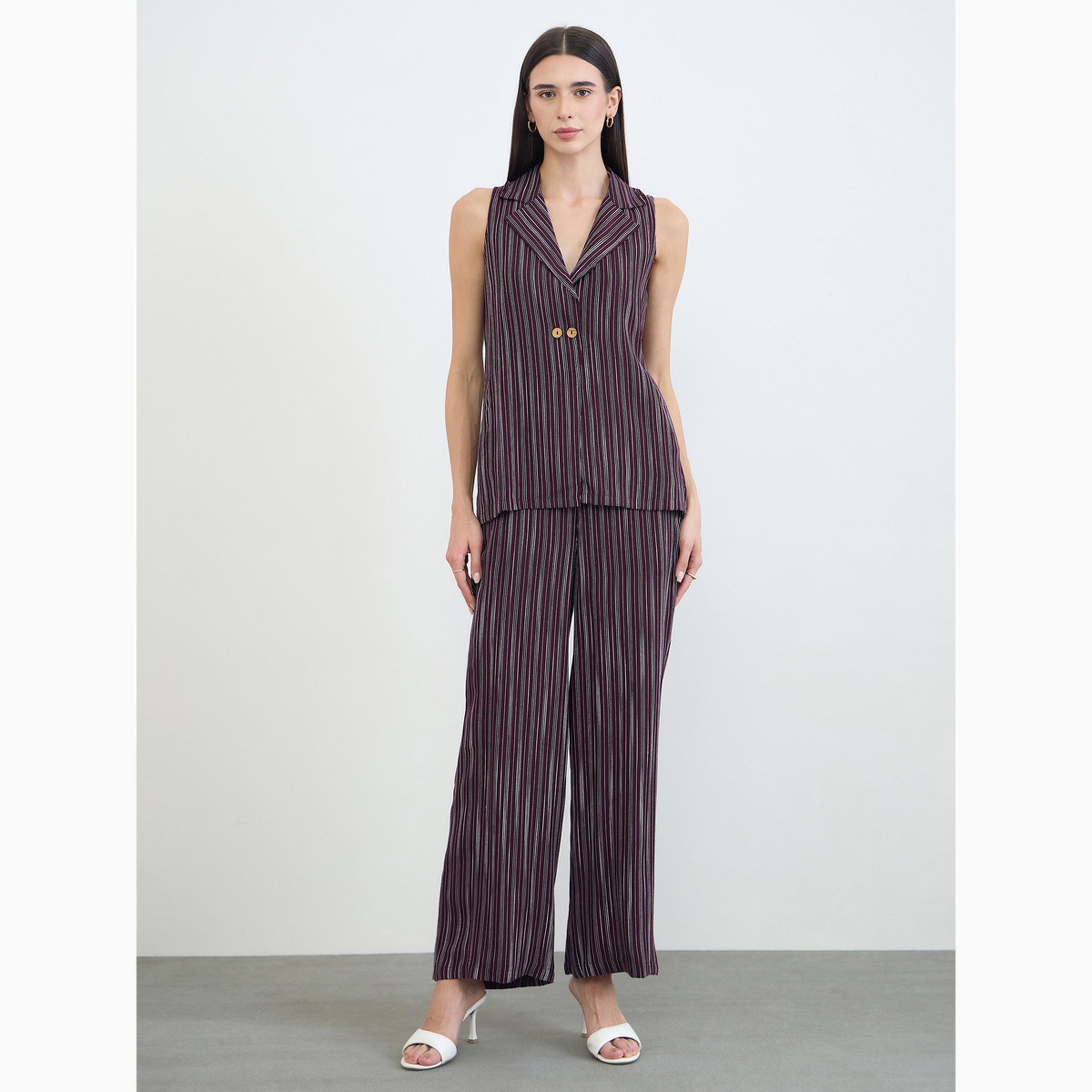 طقم منسق عنابي مخطط صدرية وبنطال بأرجل واسعة-women-clothing-coordsets-image-1