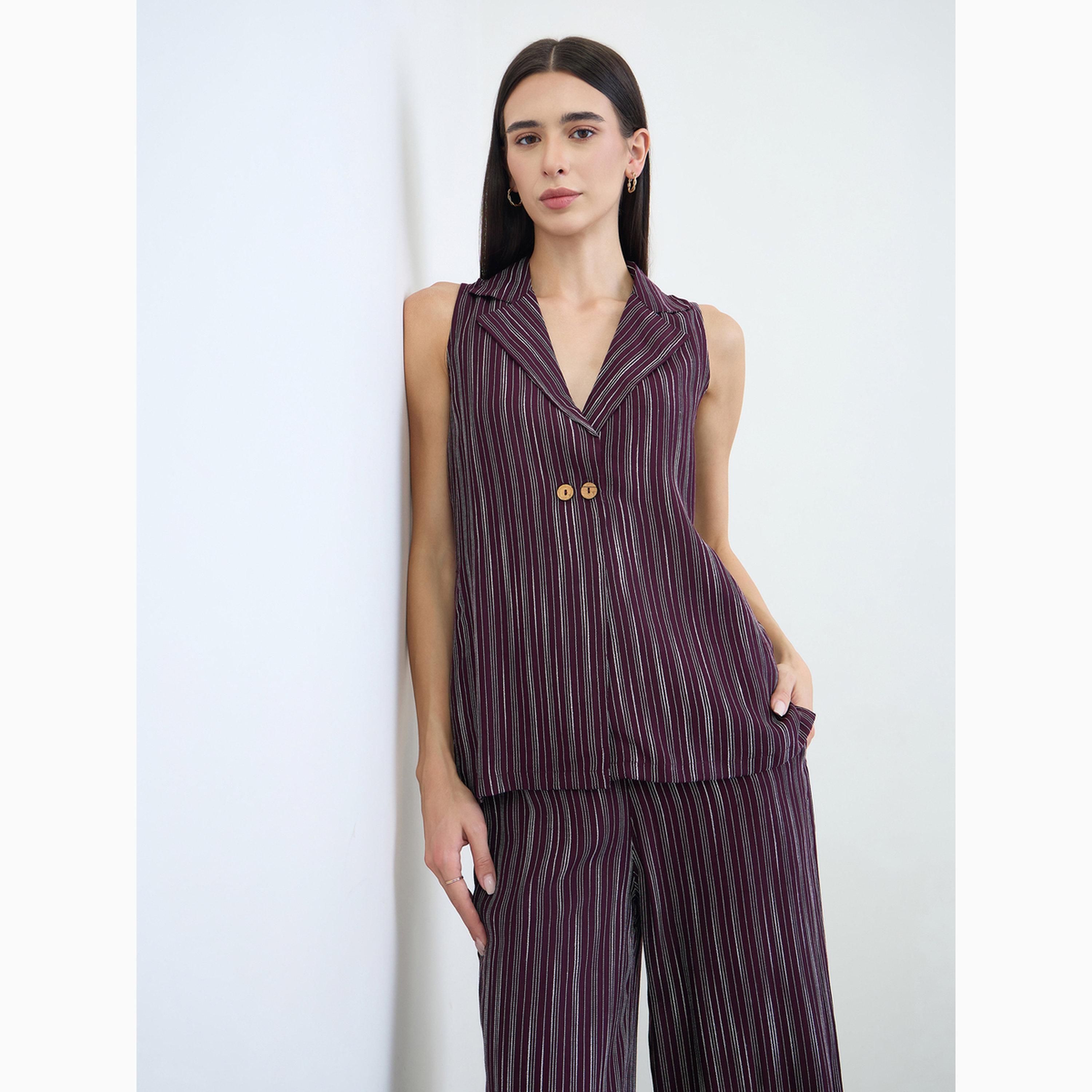 طقم منسق عنابي مخطط صدرية وبنطال بأرجل واسعة-women-clothing-coordsets-image-3