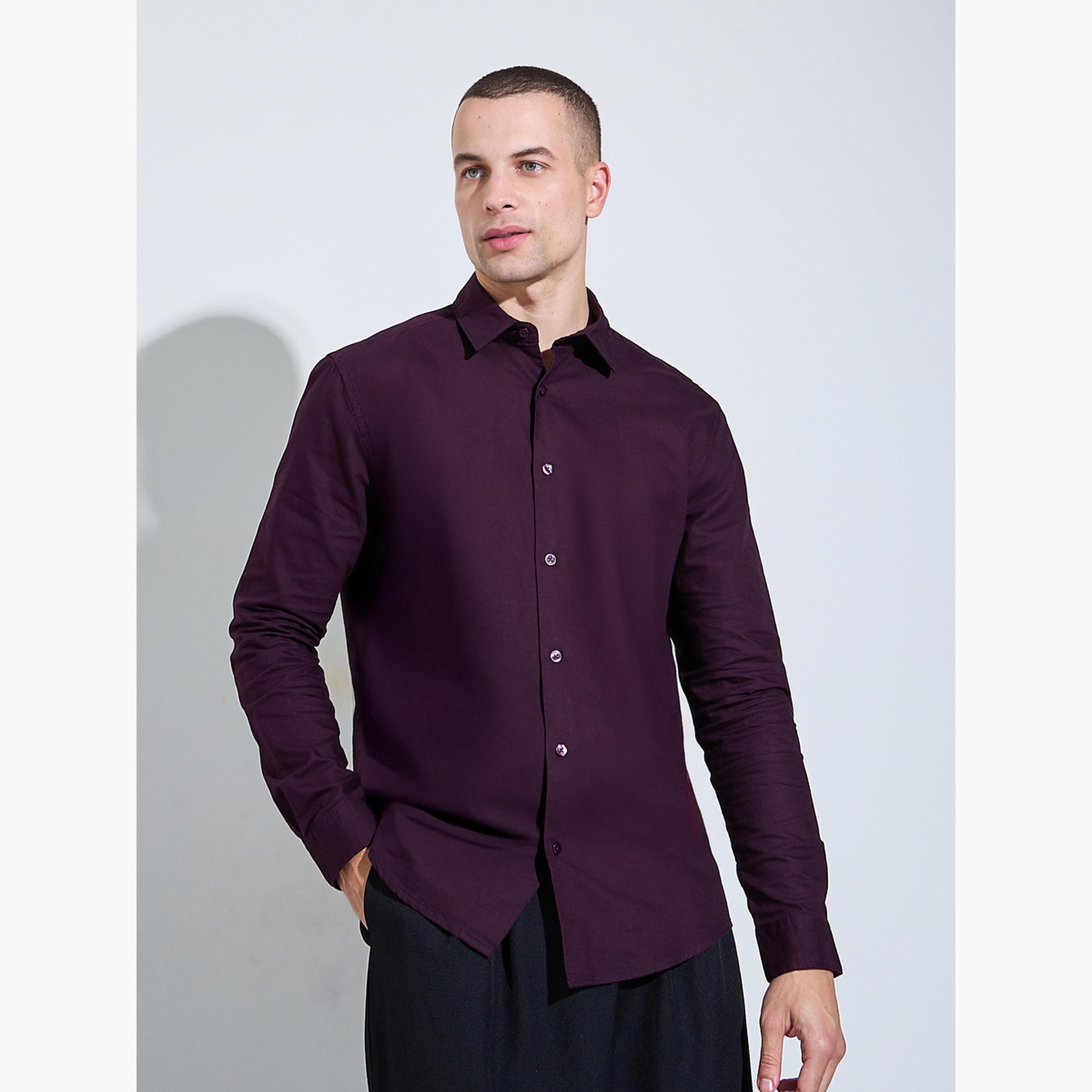 Styli Men Burgundy Solid Regular Fit Oxford Shirt-men-clothing-shirts-image-1