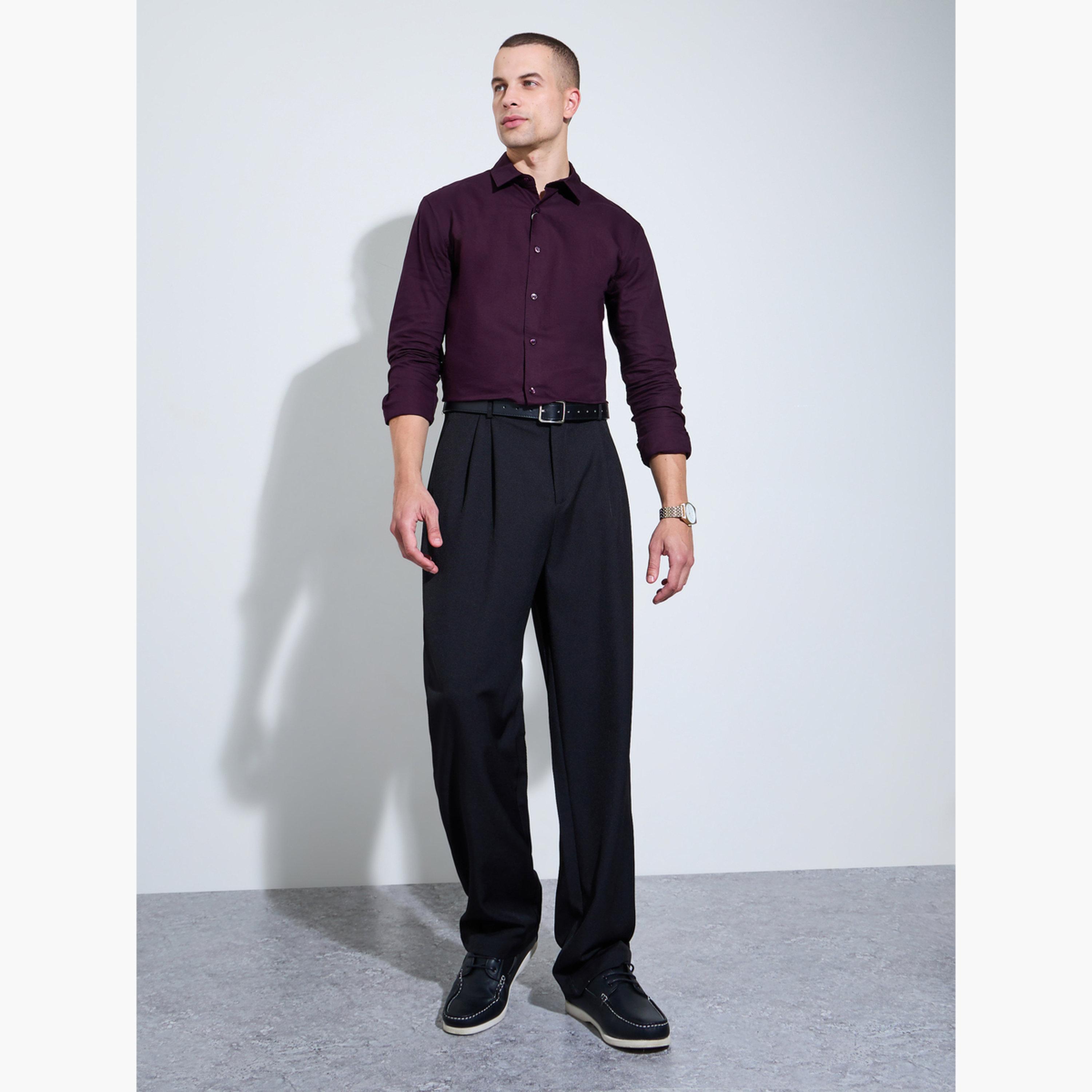 Styli Men Burgundy Solid Regular Fit Oxford Shirt-men-clothing-shirts-image-2