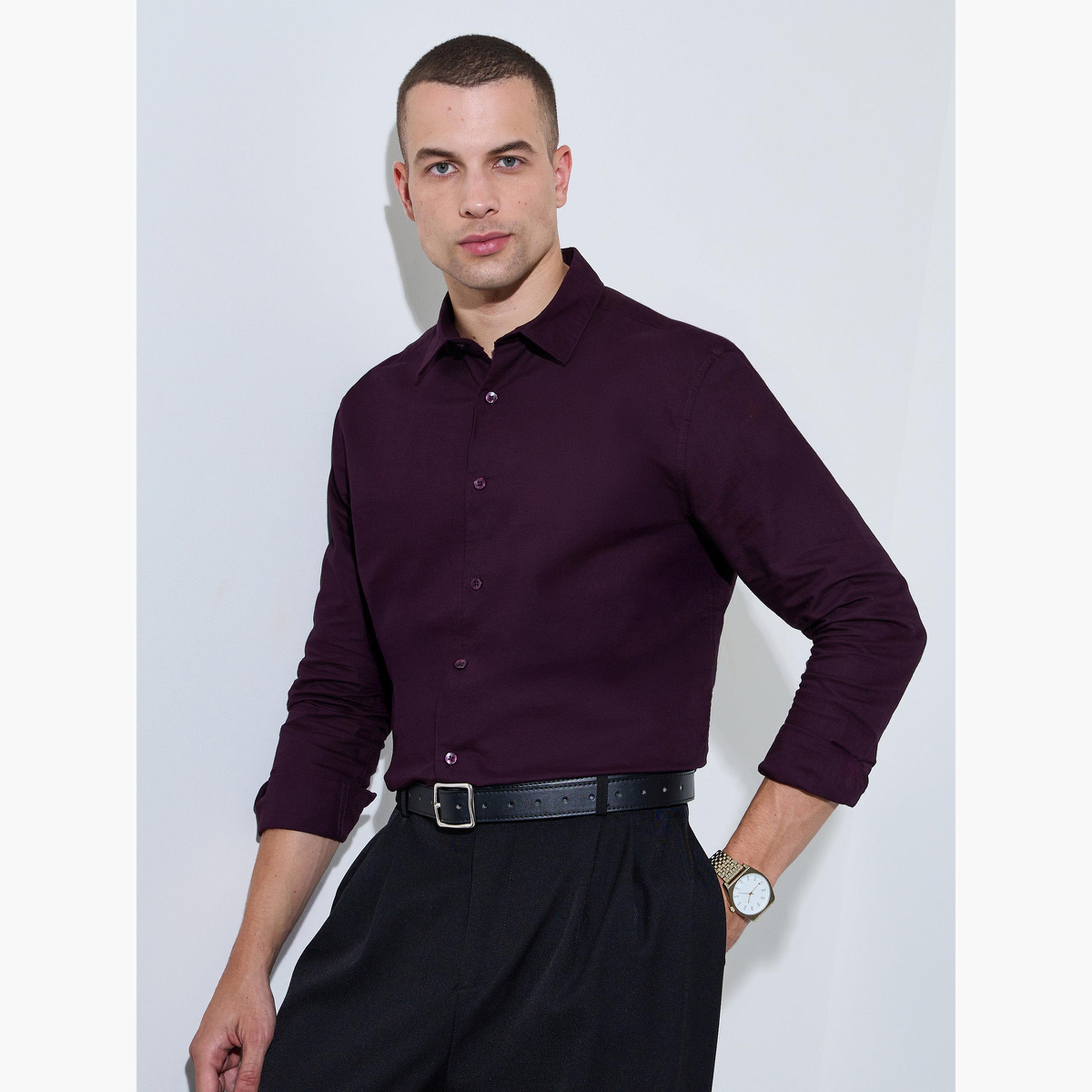 Styli Men Burgundy Solid Regular Fit Oxford Shirt-men-clothing-shirts-image-3