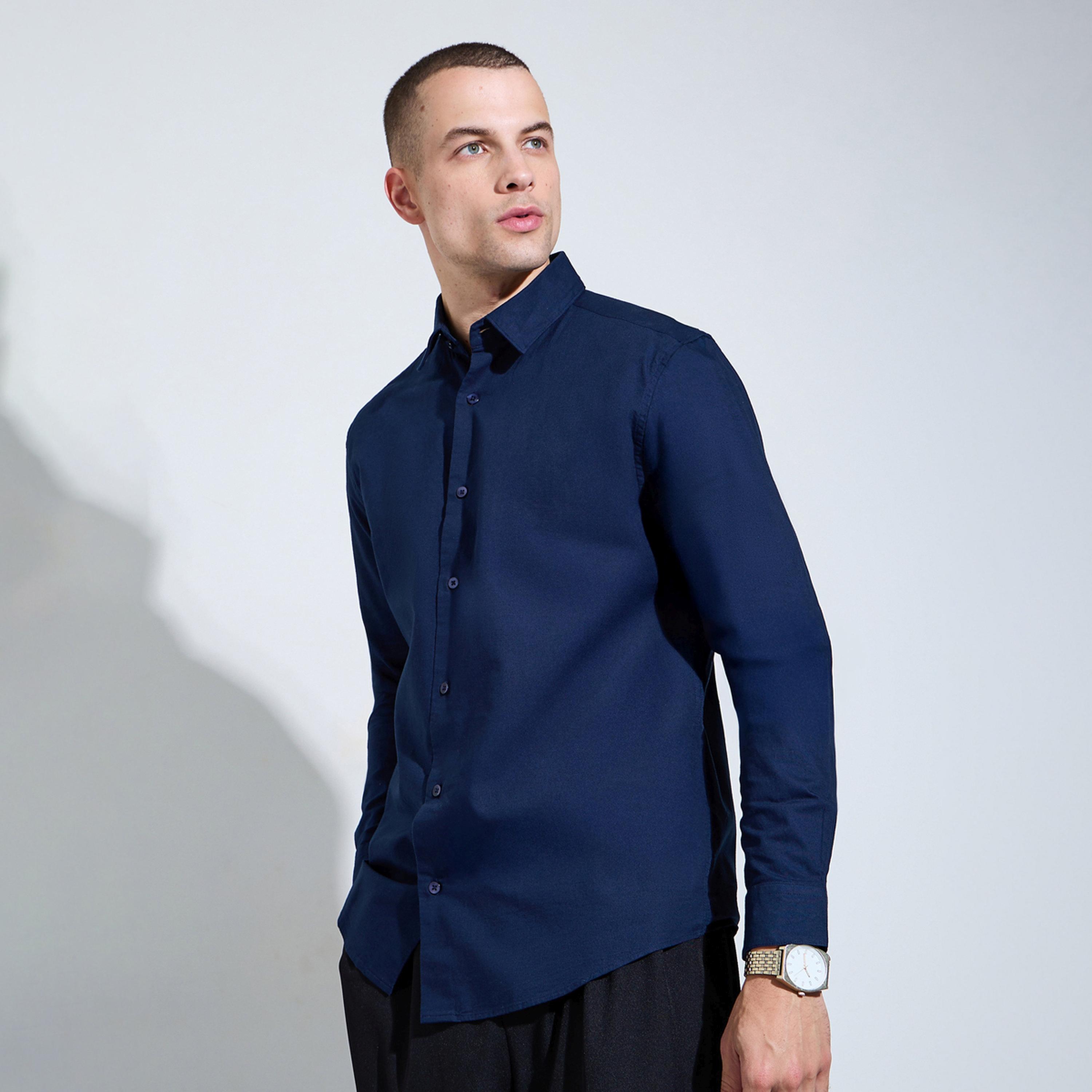 Styli Men Navy Blue Solid Regular Fit Oxford Shirt-men-clothing-shirts-image-1