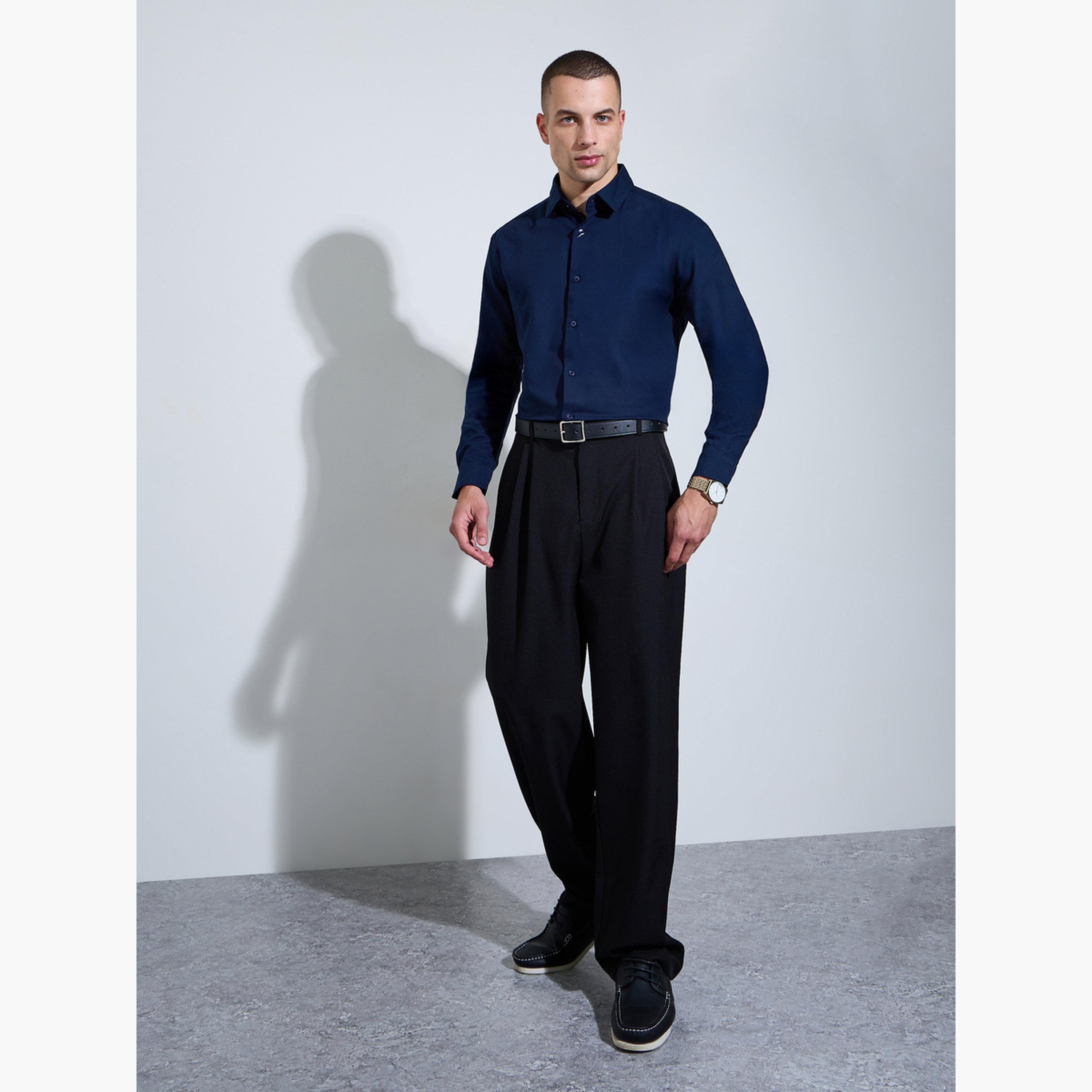 Styli Men Navy Blue Solid Regular Fit Oxford Shirt-men-clothing-shirts-image-2