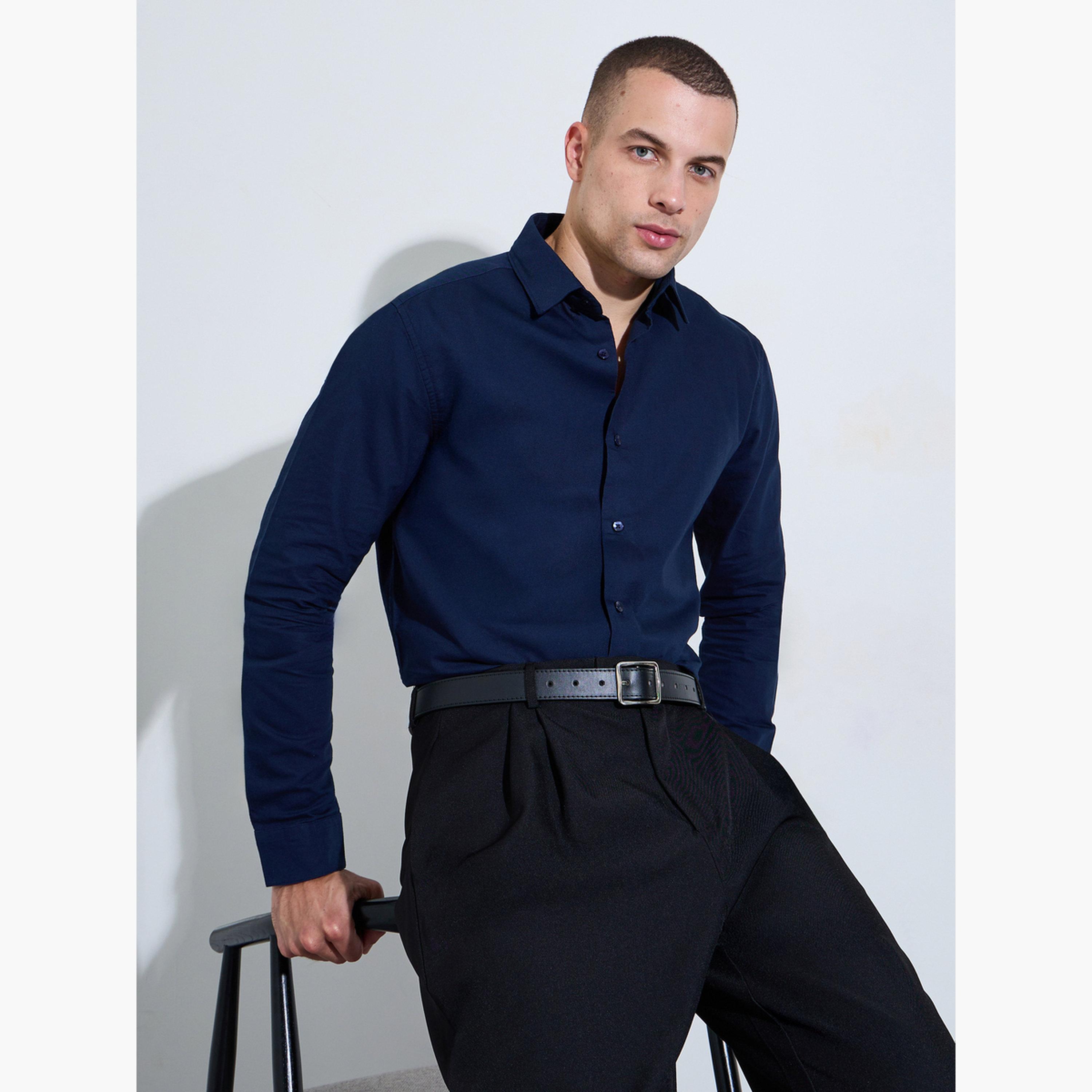 Styli Men Navy Blue Solid Regular Fit Oxford Shirt-men-clothing-shirts-image-3