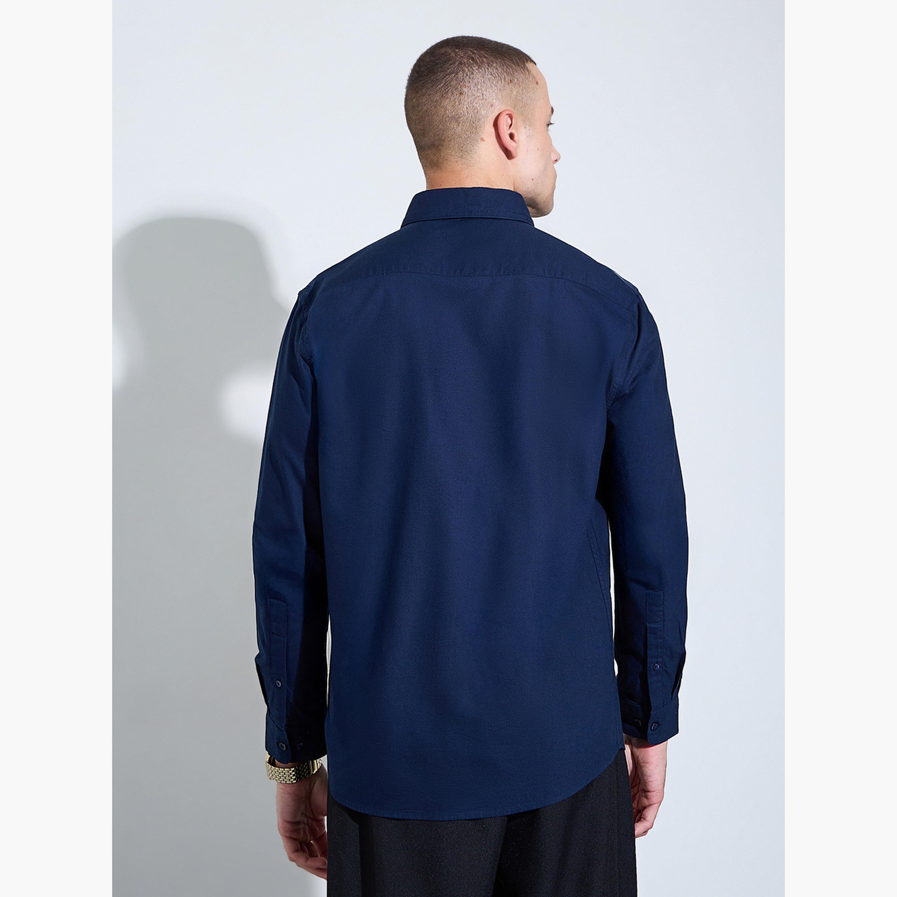 Styli Men Navy Blue Solid Regular Fit Oxford Shirt-men-clothing-shirts-image-4