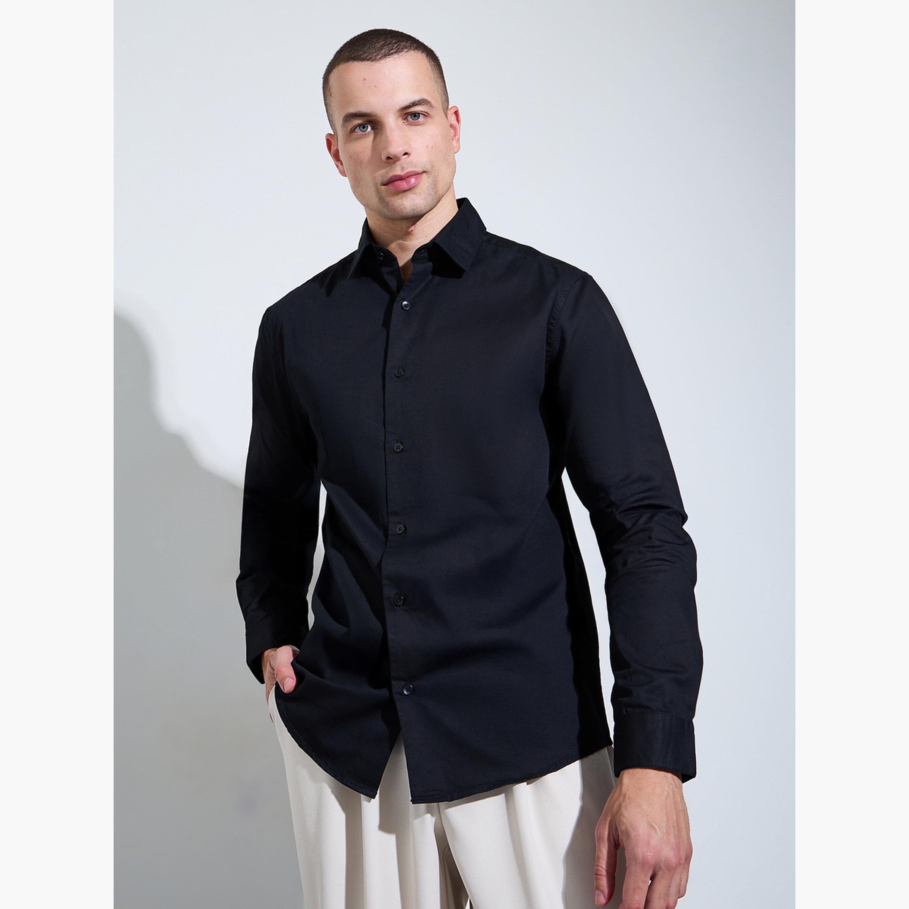 Styli Men Black Solid Regular Fit Shirt-men-clothing-shirts-image-1