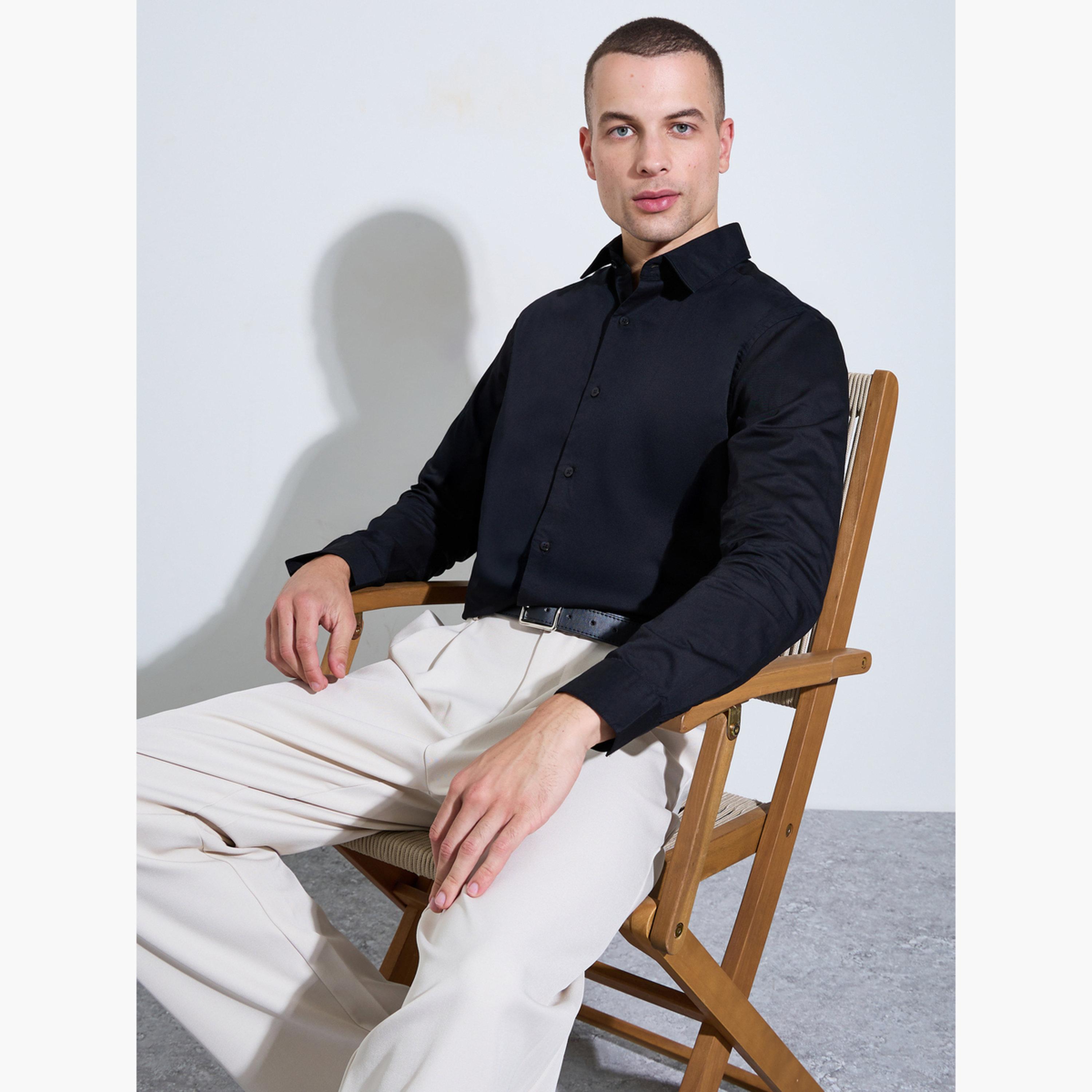 Styli Men Black Solid Regular Fit Shirt-men-clothing-shirts-image-3
