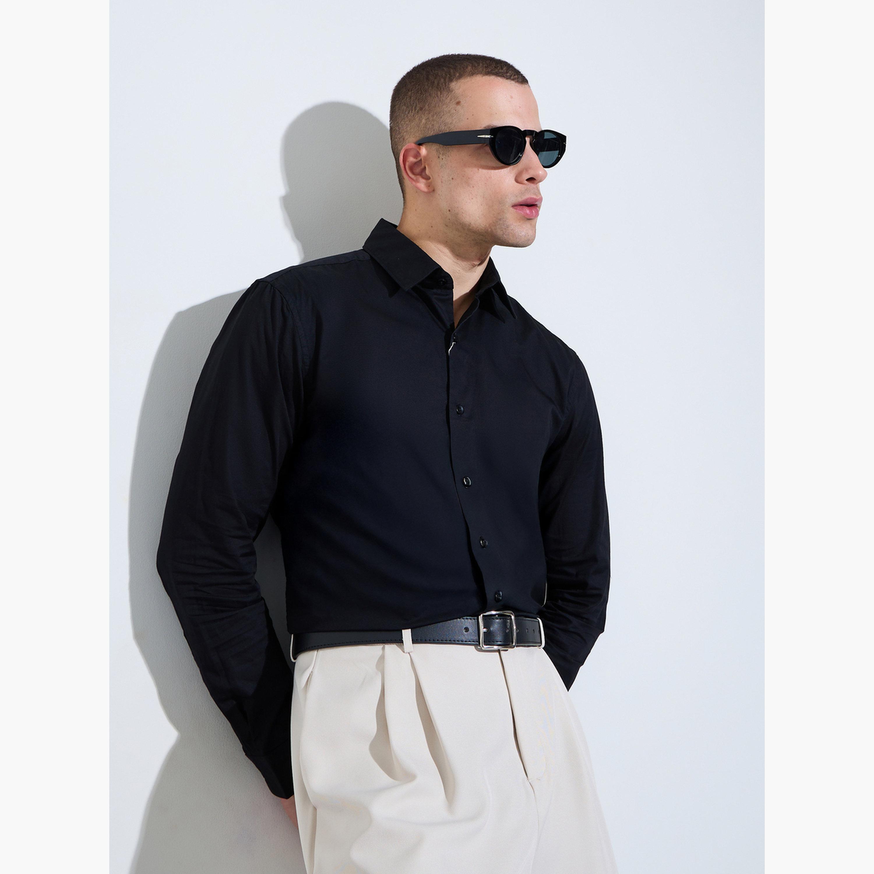 Styli Men Black Solid Regular Fit Shirt-men-clothing-shirts-image-4