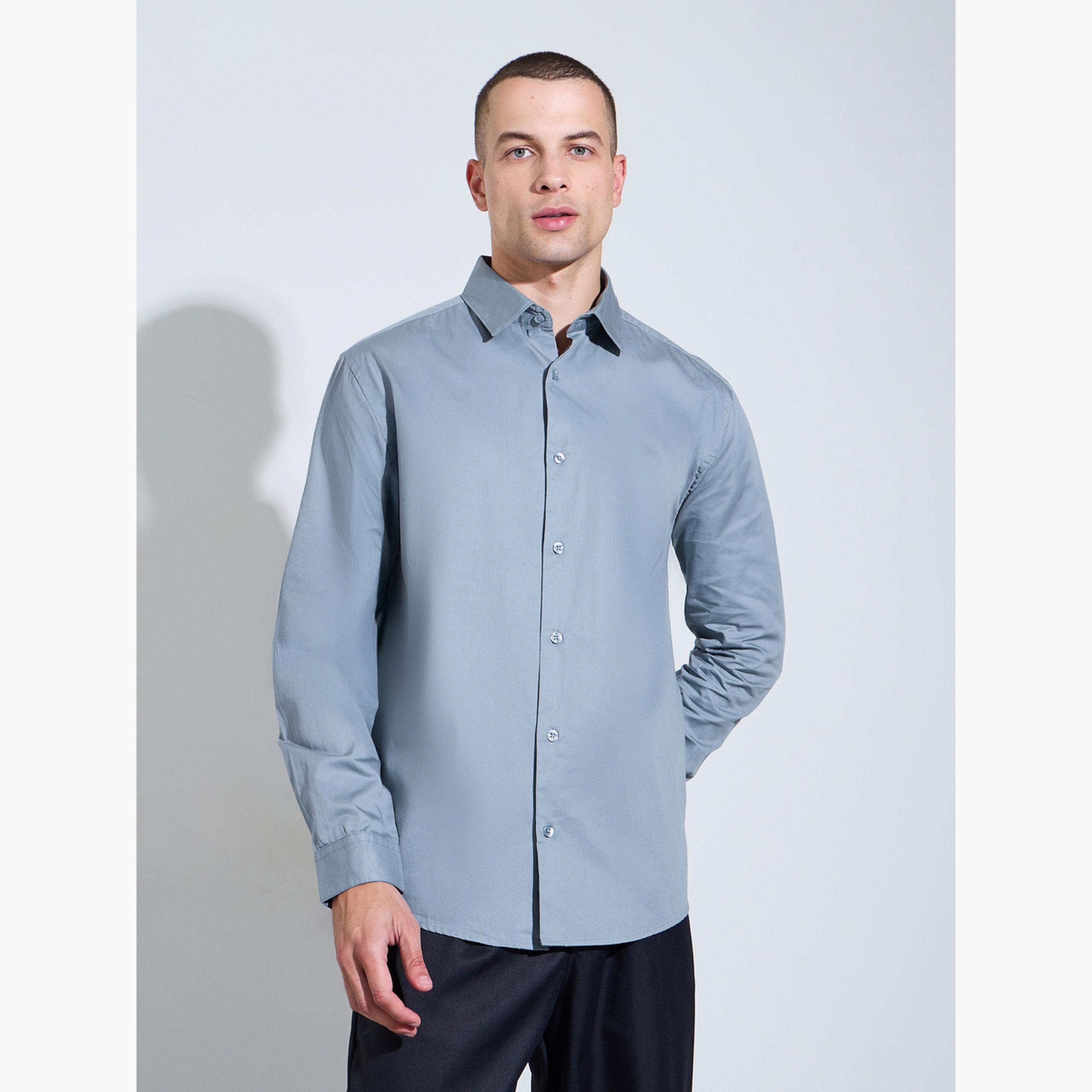 Styli Men Grey Solid Regular Fit Shirt-men-clothing-shirts-image-1