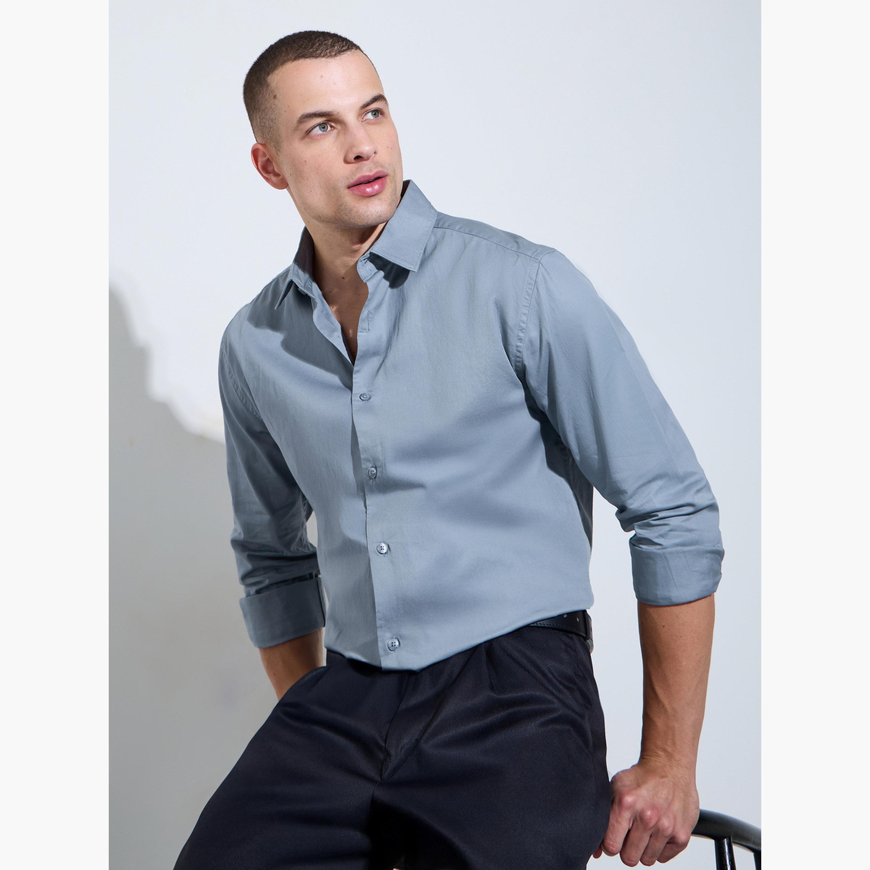 Styli Men Grey Solid Regular Fit Shirt-men-clothing-shirts-image-3