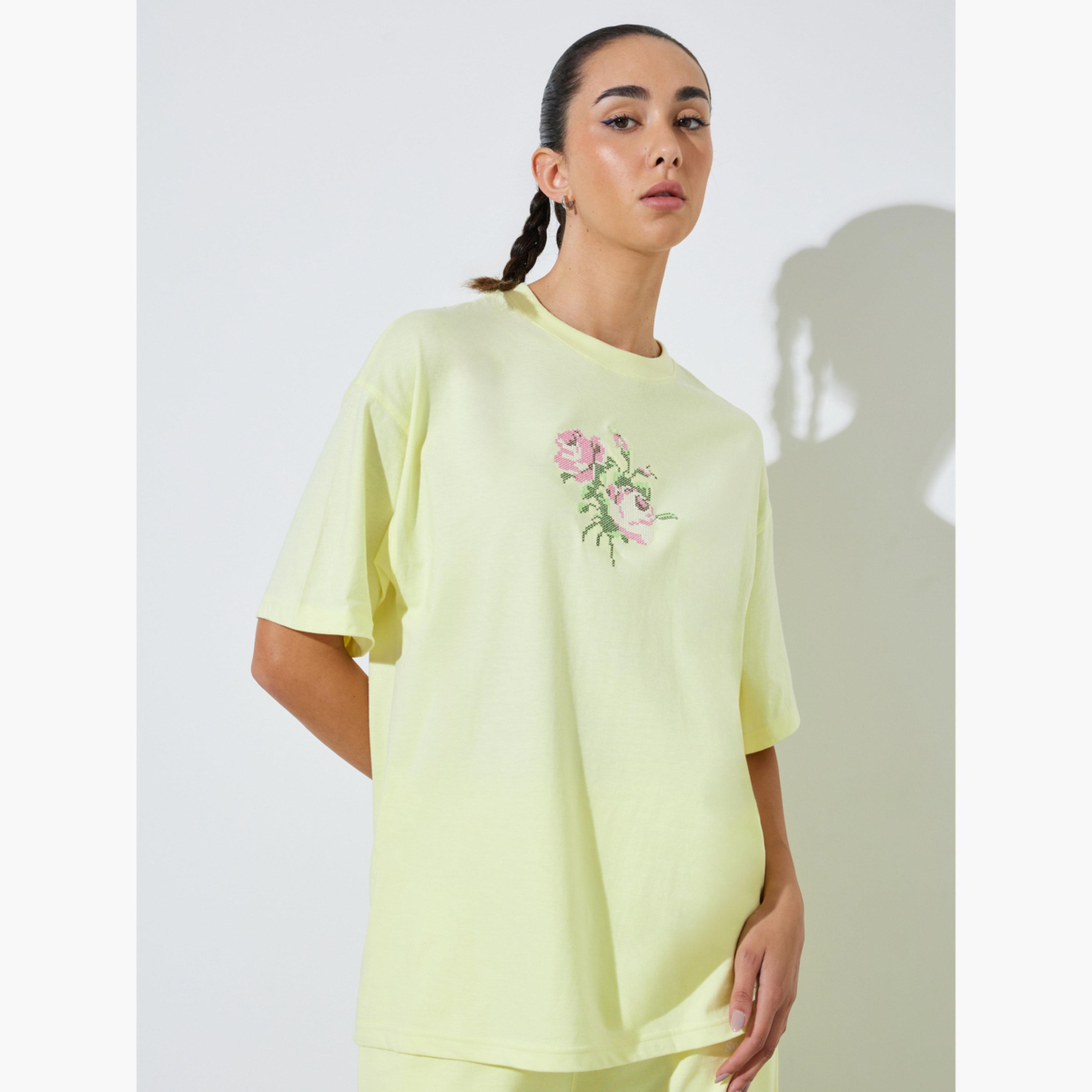 Styli Yellow Oversized Embroidered Cotton T-Shirt-women-clothing-tshirts-image-1
