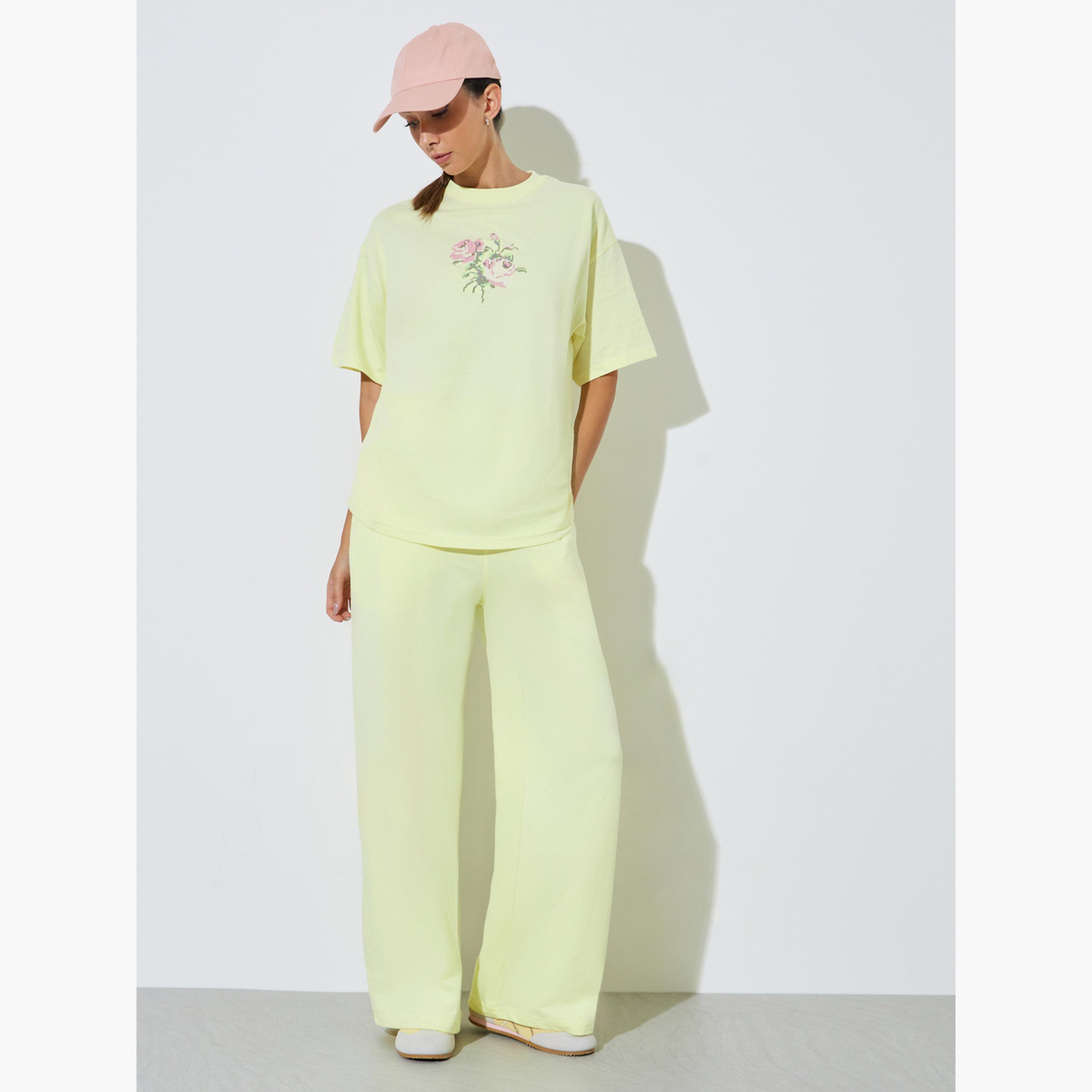 Styli Yellow Oversized Embroidered Cotton T-Shirt-women-clothing-tshirts-image-2