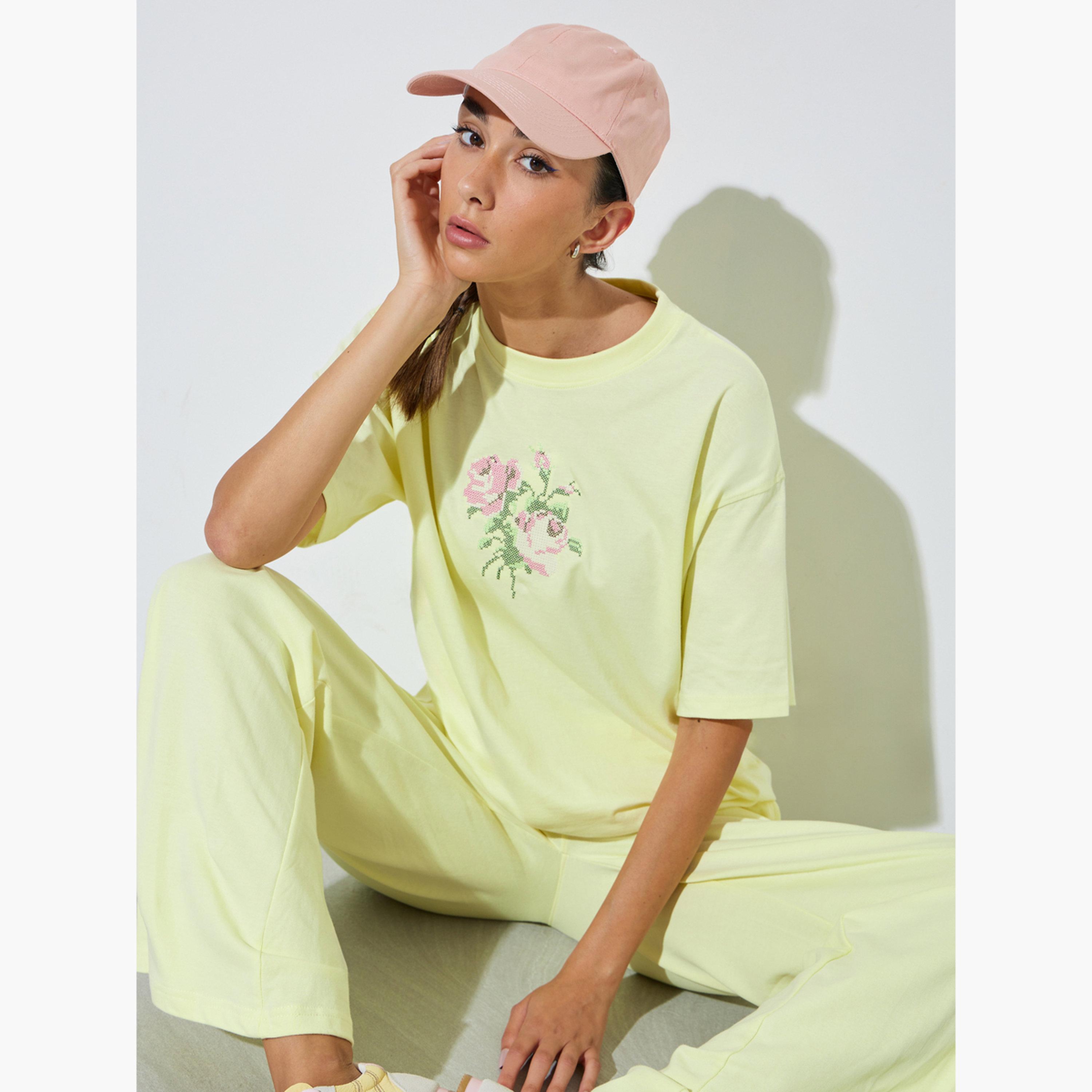 Styli Yellow Oversized Embroidered Cotton T-Shirt-women-clothing-tshirts-image-3
