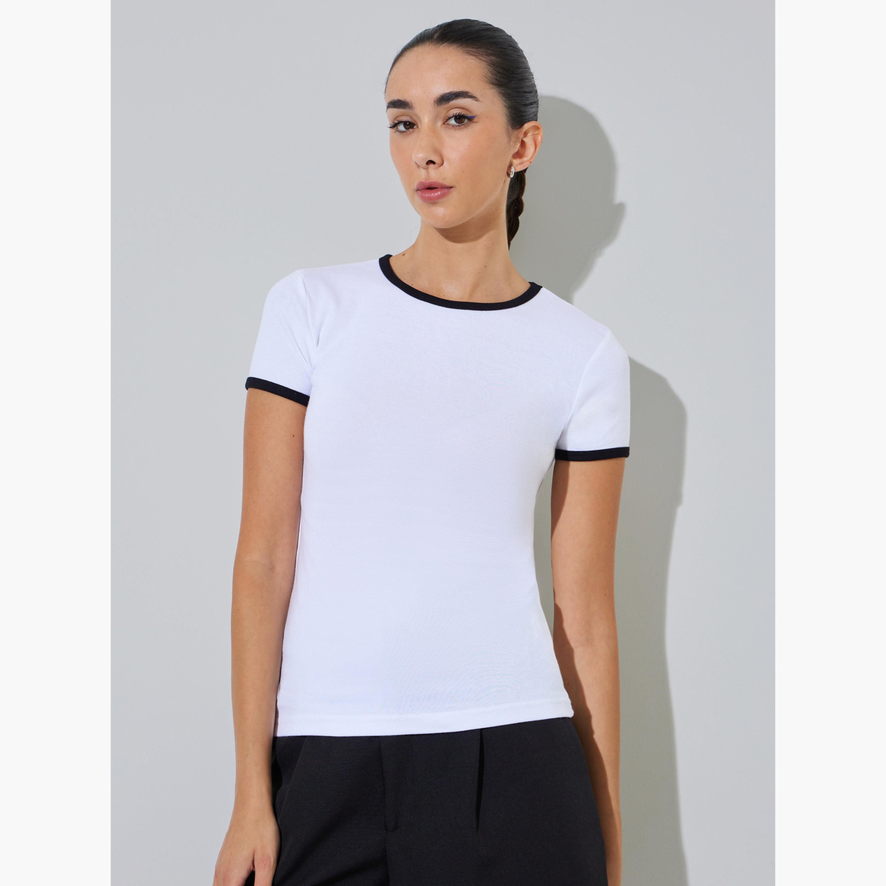 Styli White Fitted Ringer T-Shirt with Contrast Trim-women-clothing-tshirts-image-1