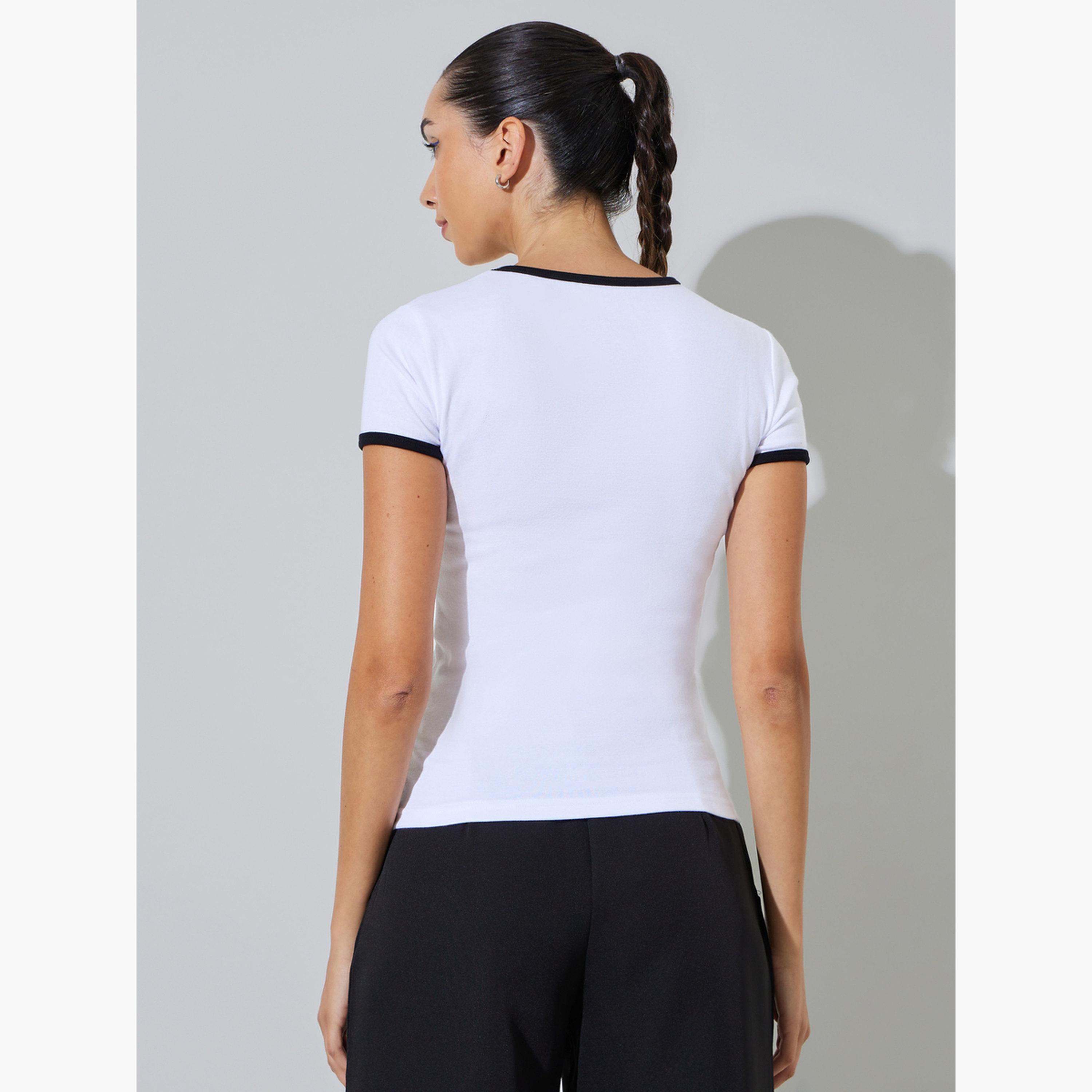 Styli White Fitted Ringer T-Shirt with Contrast Trim-women-clothing-tshirts-image-4