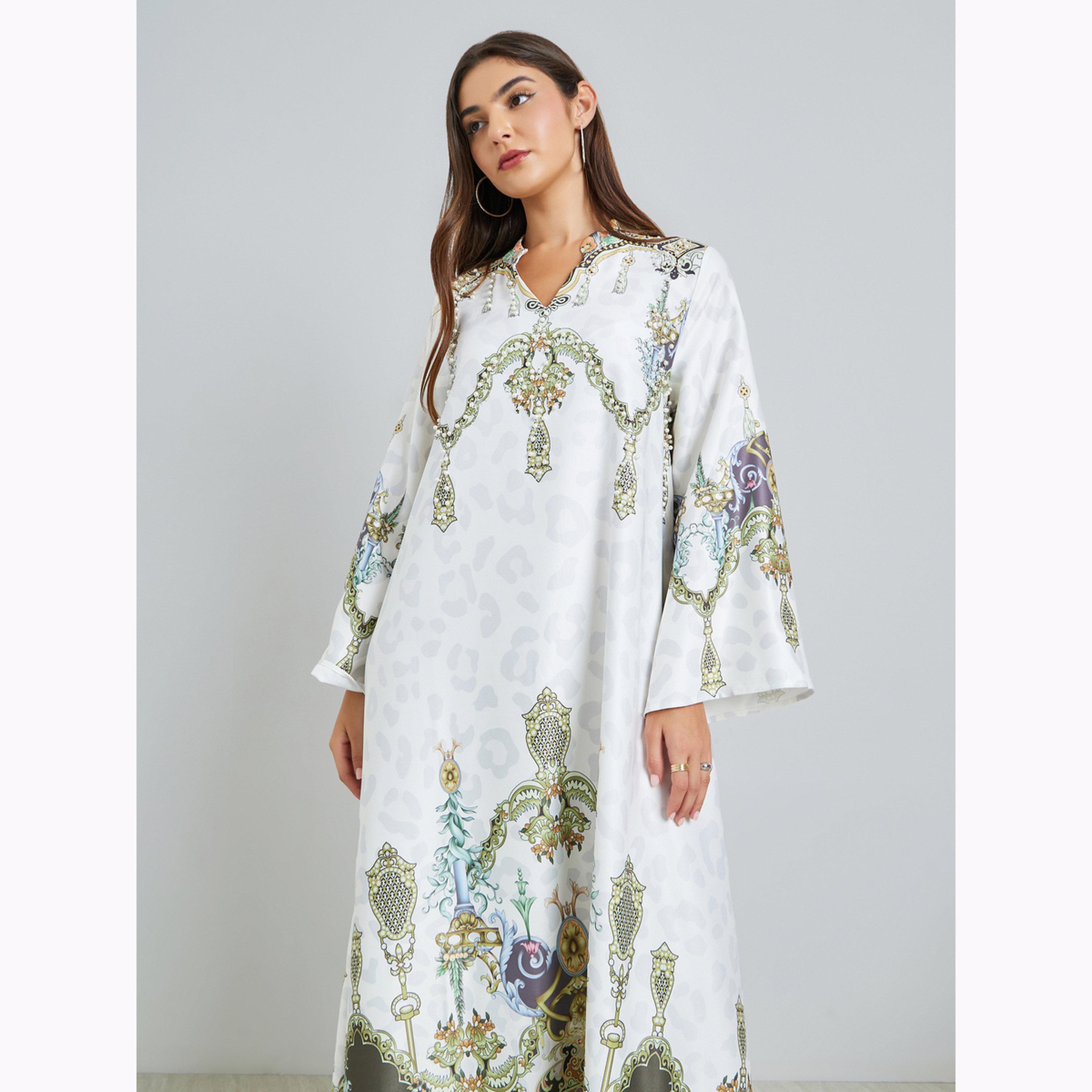 Styli Printed Rhinestone Embellished Bell Sleeves Jalabiya-women-arabicclothing-jalabiyas-image-2