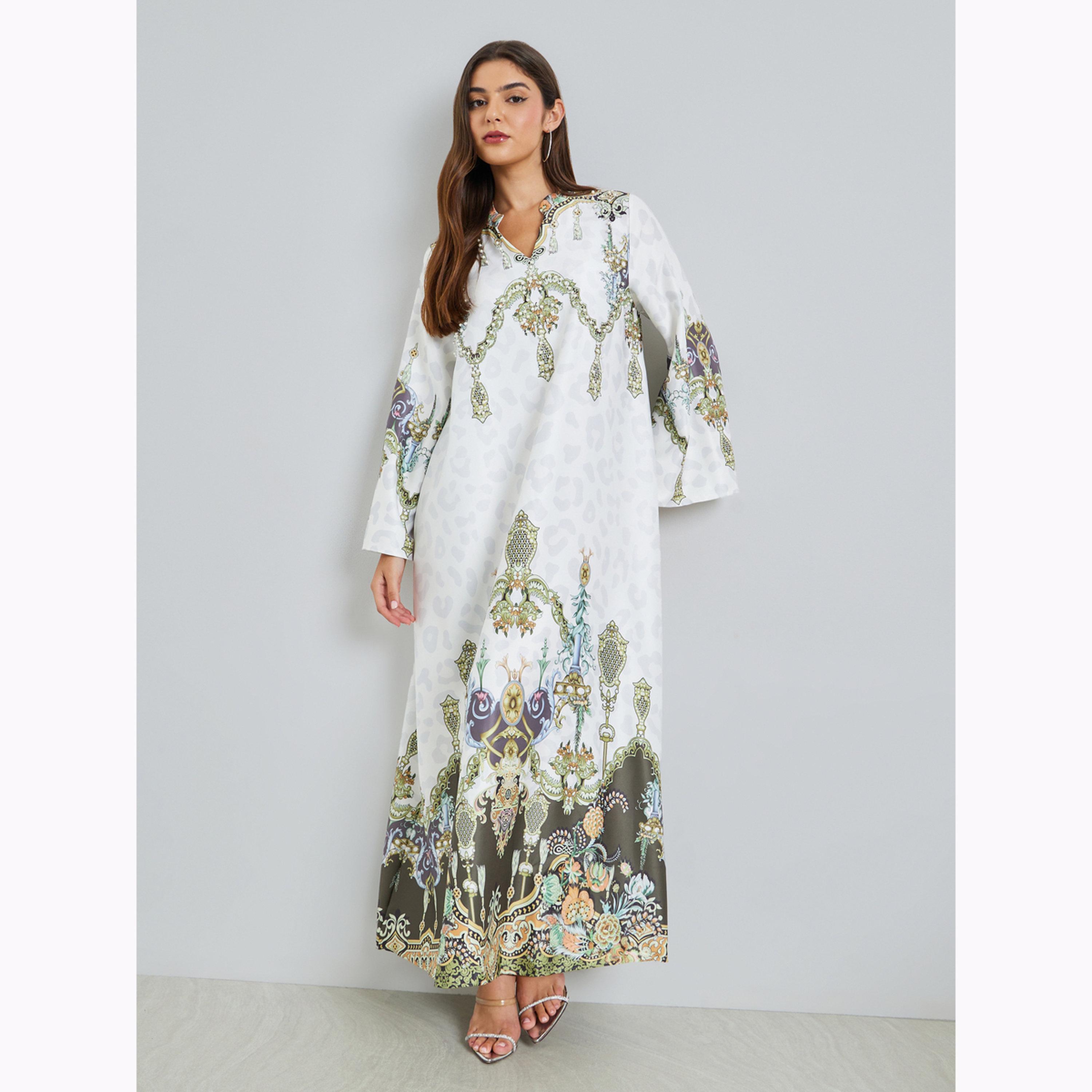 جلابية بأكمام جرس ومزينة بأحجار الراين ومطبعة-women-arabicclothing-jalabiyas-image-3