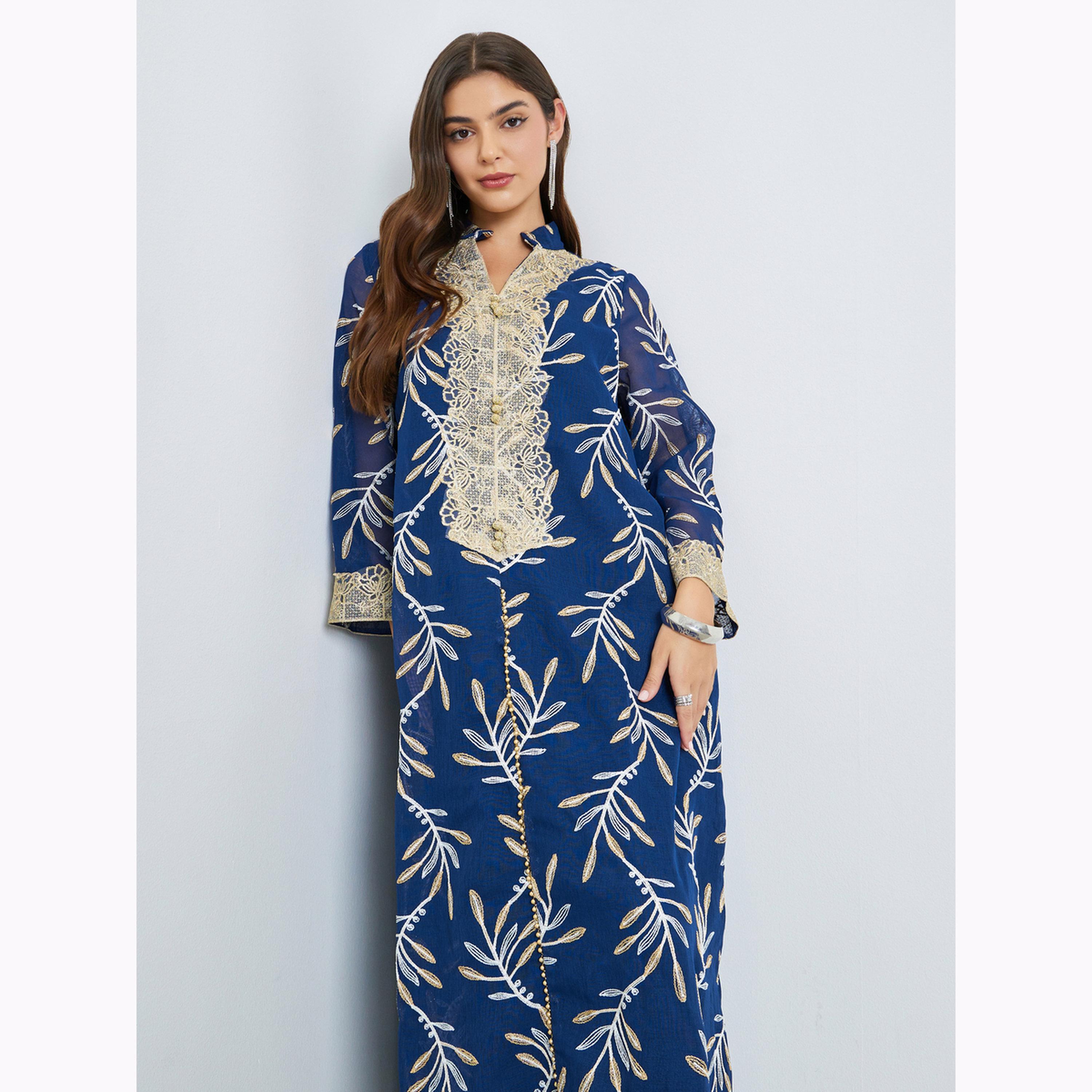 Styli Embroidered Collared Jalabiya with Lace Detail-women-arabicclothing-jalabiyas-image-2