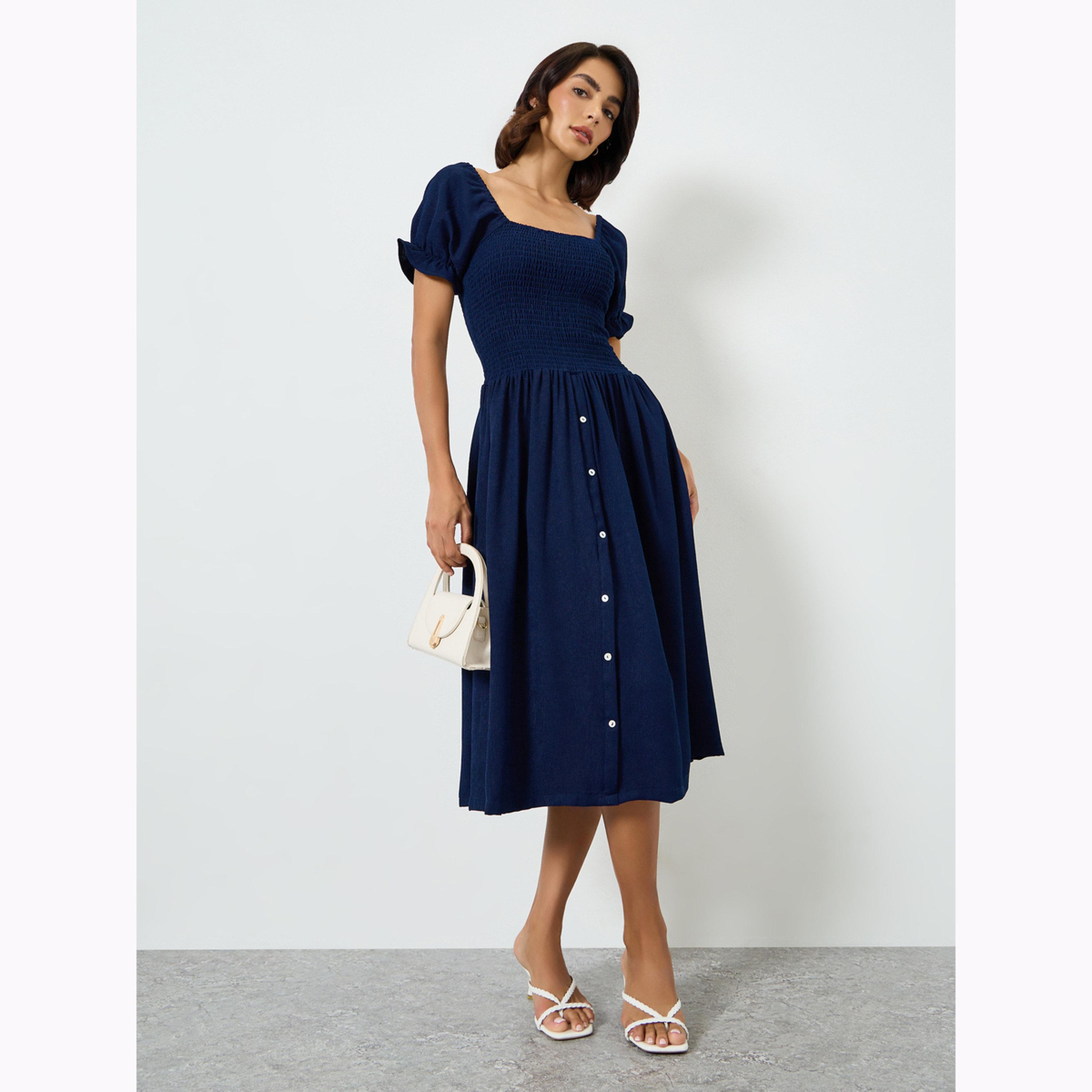 Maxim Creation X Styli Navy Blue Smocked Bodice Knee Length Dress-women-clothing-dresses-image-1
