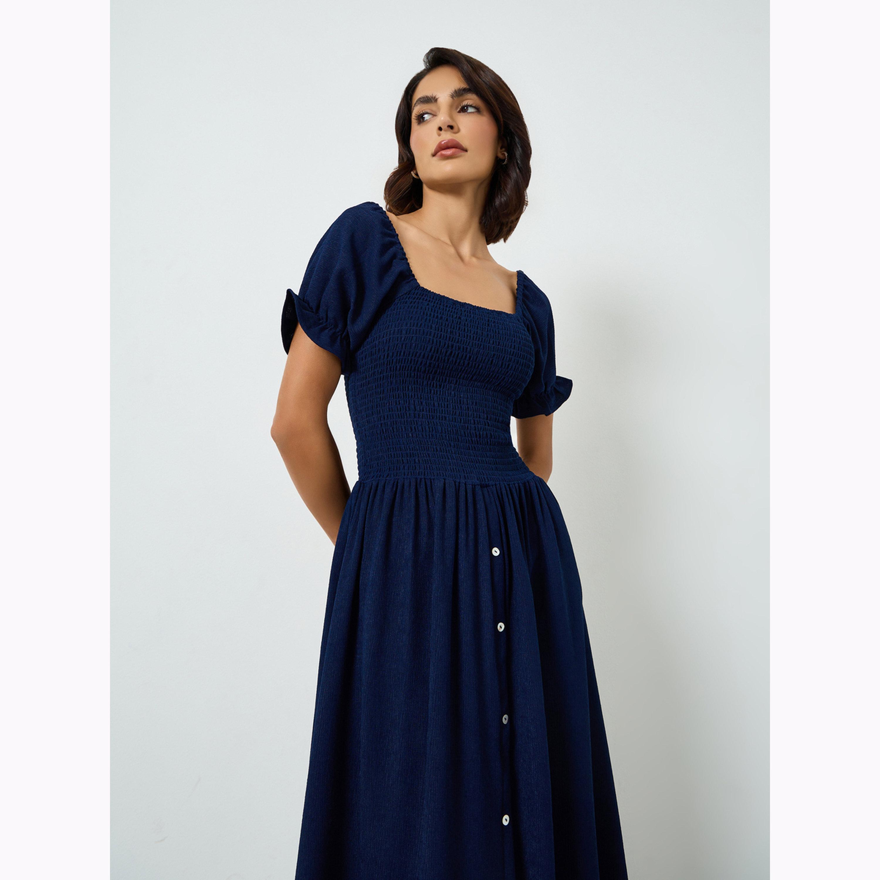 Maxim Creation X Styli Navy Blue Smocked Bodice Knee Length Dress-women-clothing-dresses-image-2