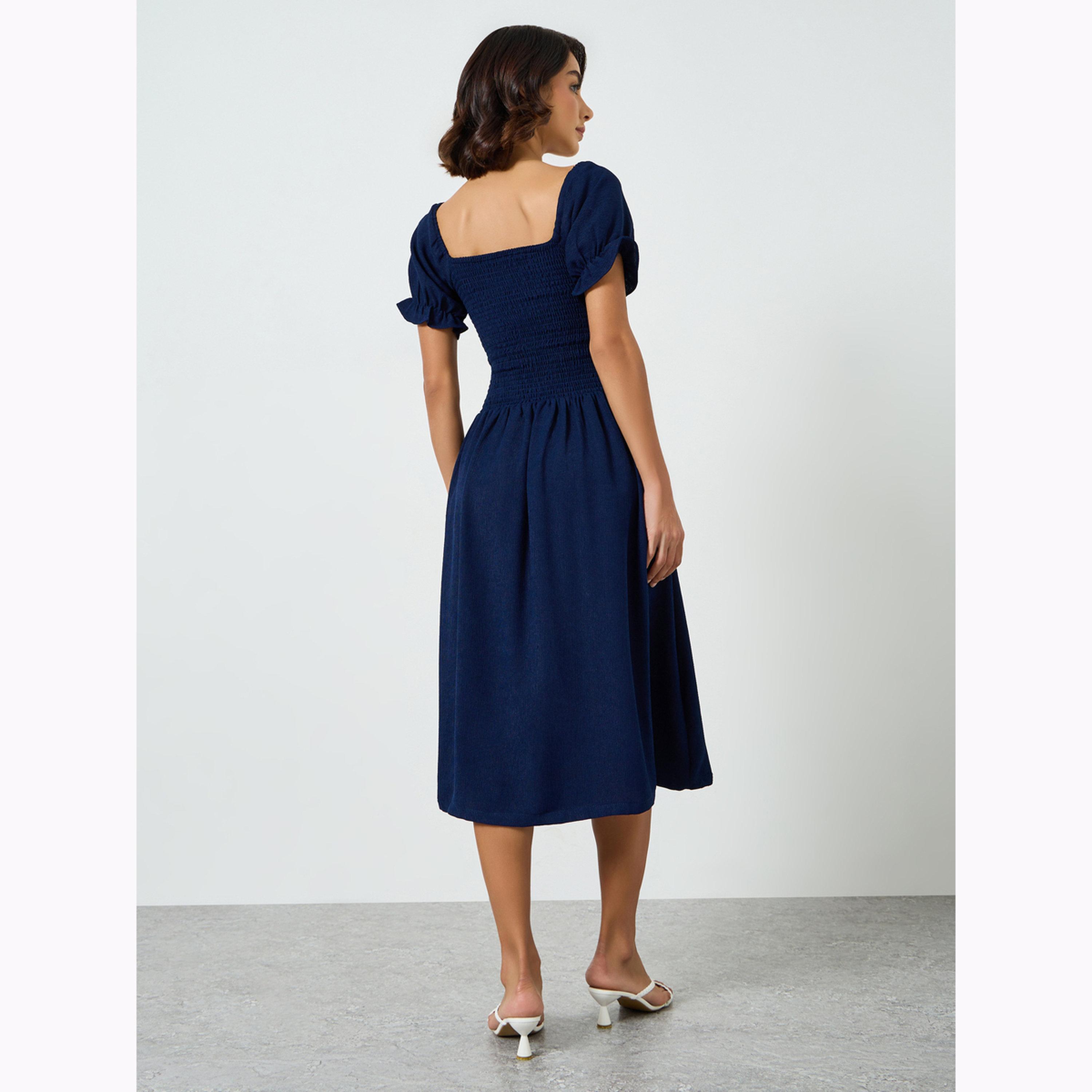 Maxim Creation X Styli Navy Blue Smocked Bodice Knee Length Dress-women-clothing-dresses-image-4