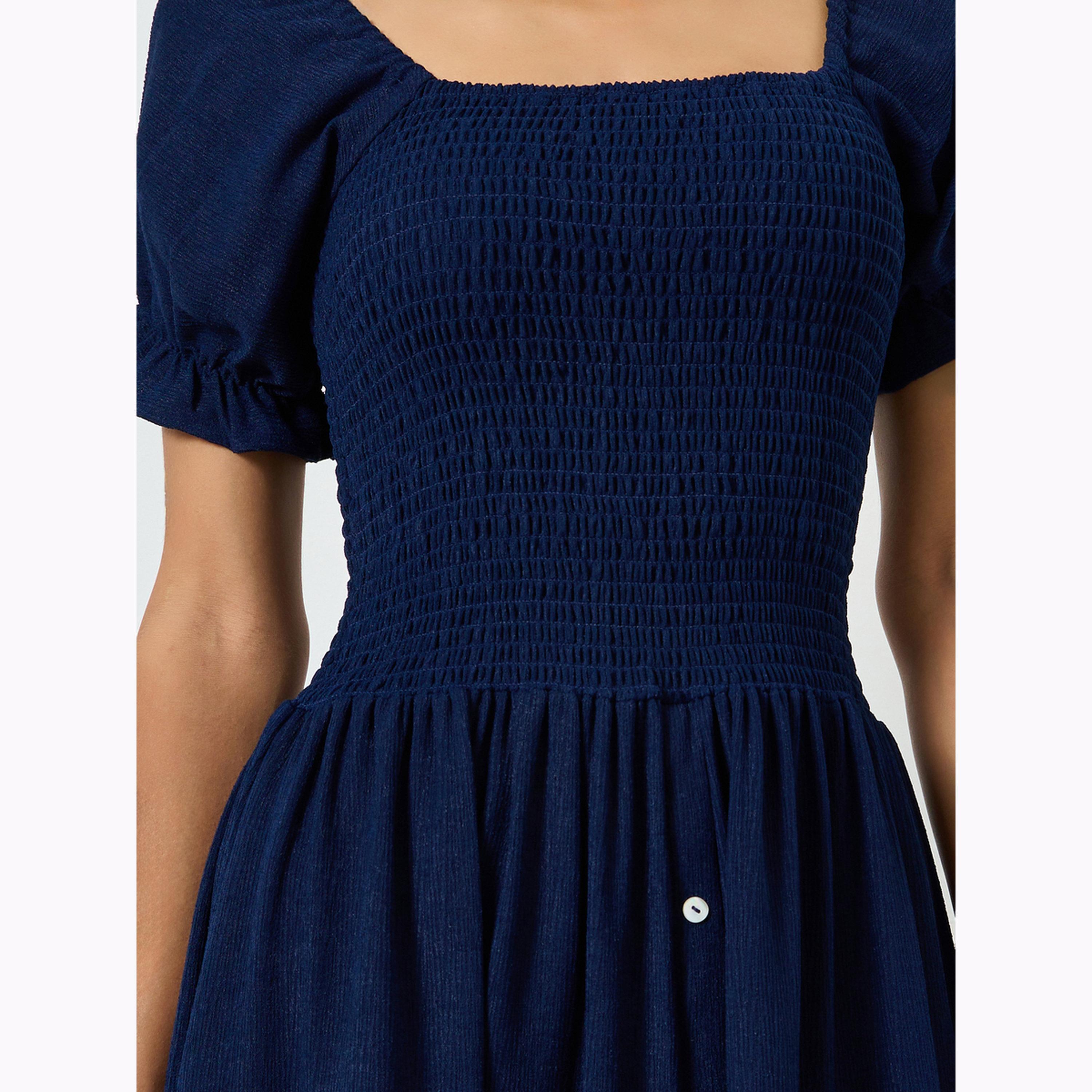 Maxim Creation X Styli Navy Blue Smocked Bodice Knee Length Dress-women-clothing-dresses-image-5