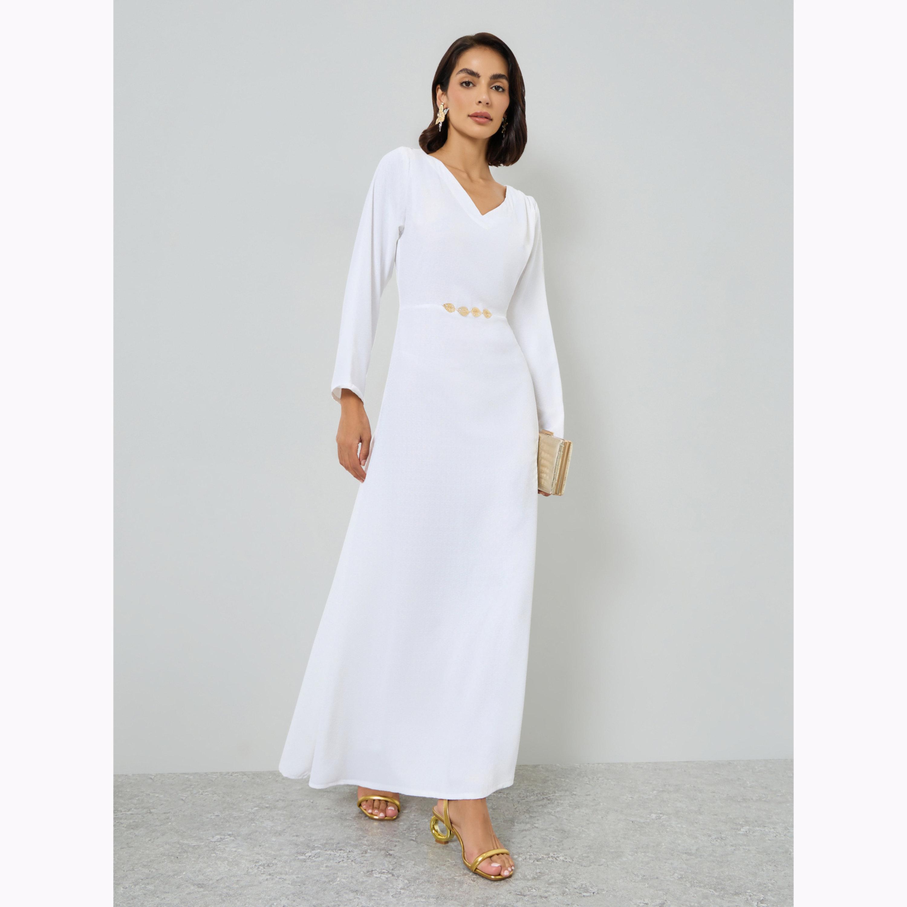 Maxim Creation X Styli White Maxi Dress with Metallic Leaf Detail-women-clothing-dresses-image-1