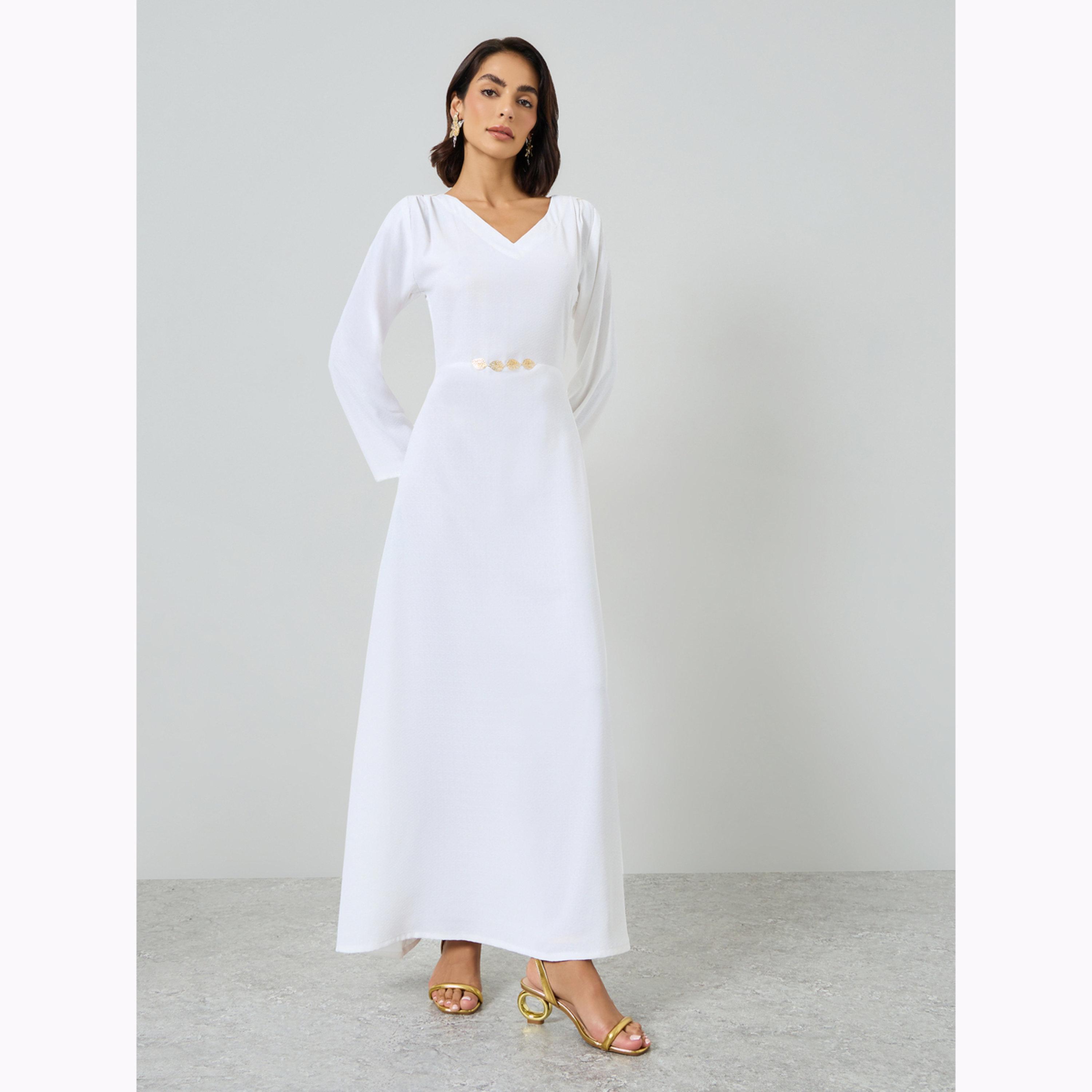 Maxim Creation X Styli White Maxi Dress with Metallic Leaf Detail-women-clothing-dresses-image-3