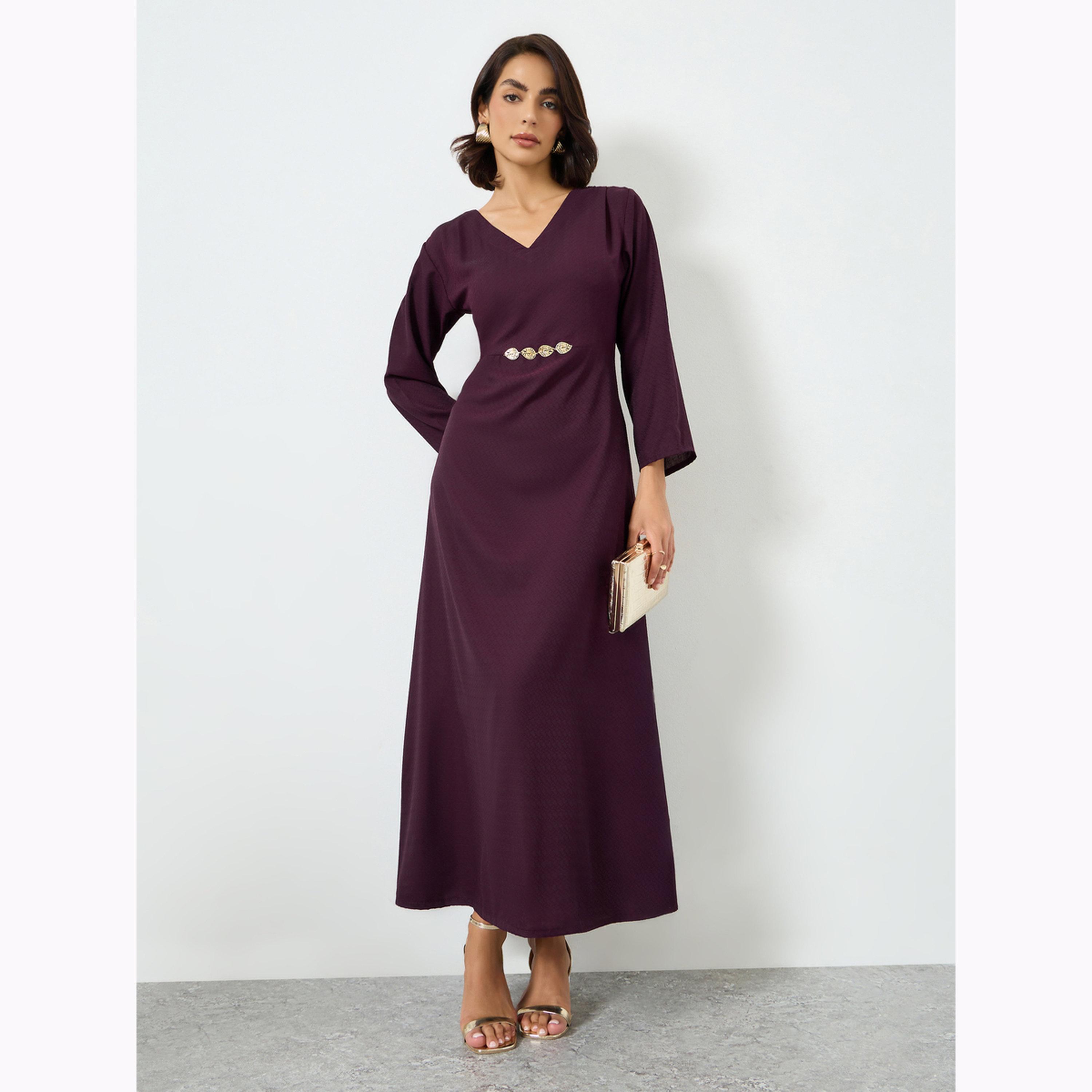 فستان طويل بتفاصيل أوراق شجر ميتاليك-women-clothing-dresses-image-1