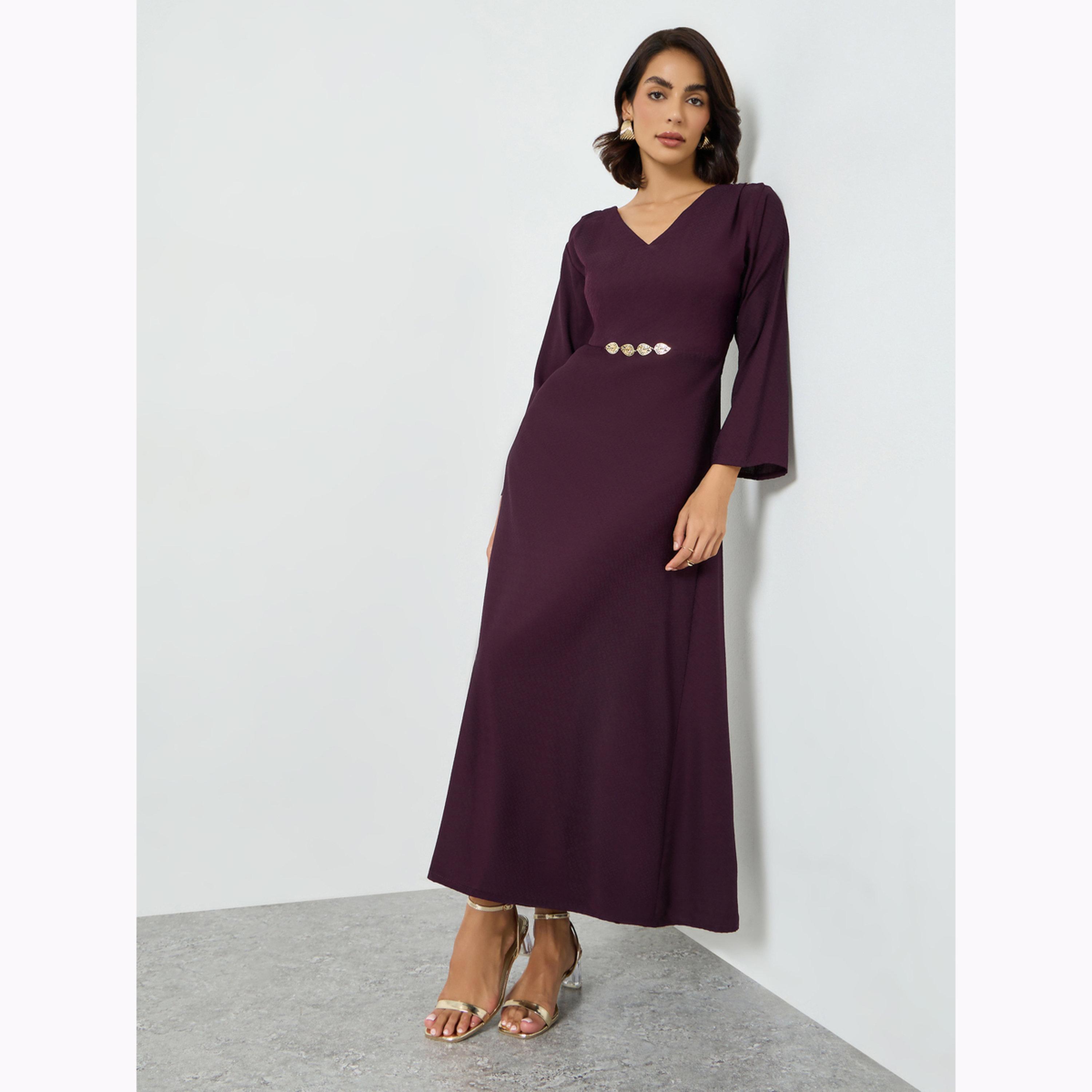 فستان طويل بتفاصيل أوراق شجر ميتاليك-women-clothing-dresses-image-3