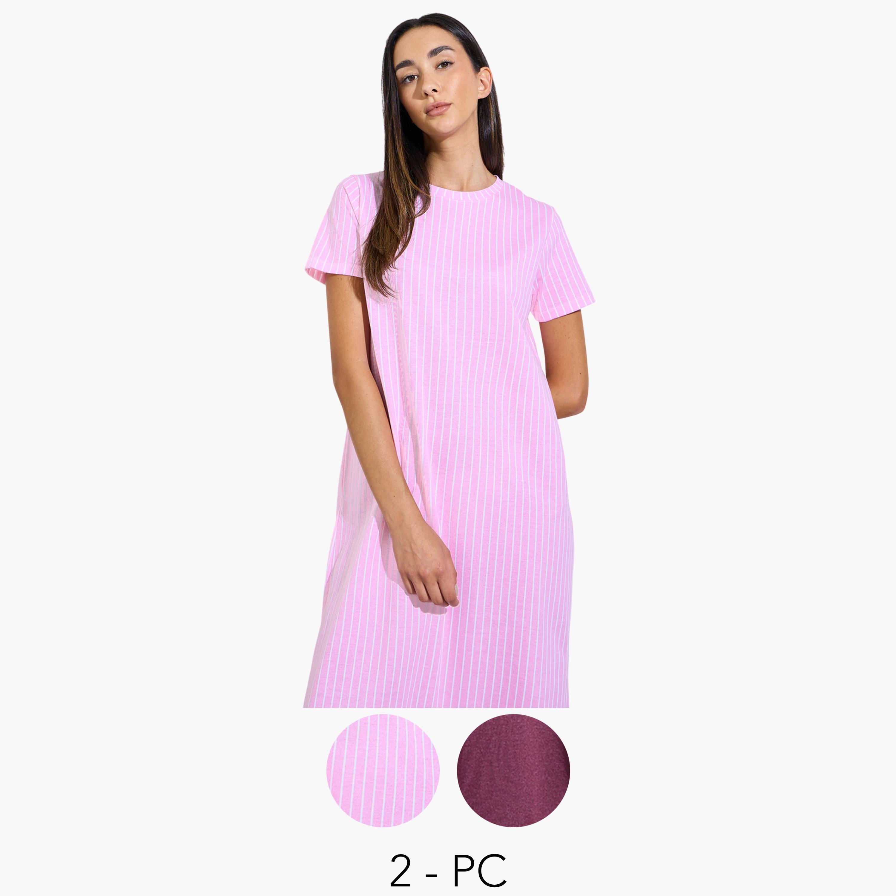 Styli Pack of 2 - Text Print Striped Print Cotton Blend Sleep T-Shirt-women-clothing-nightwear-nighties-image-1