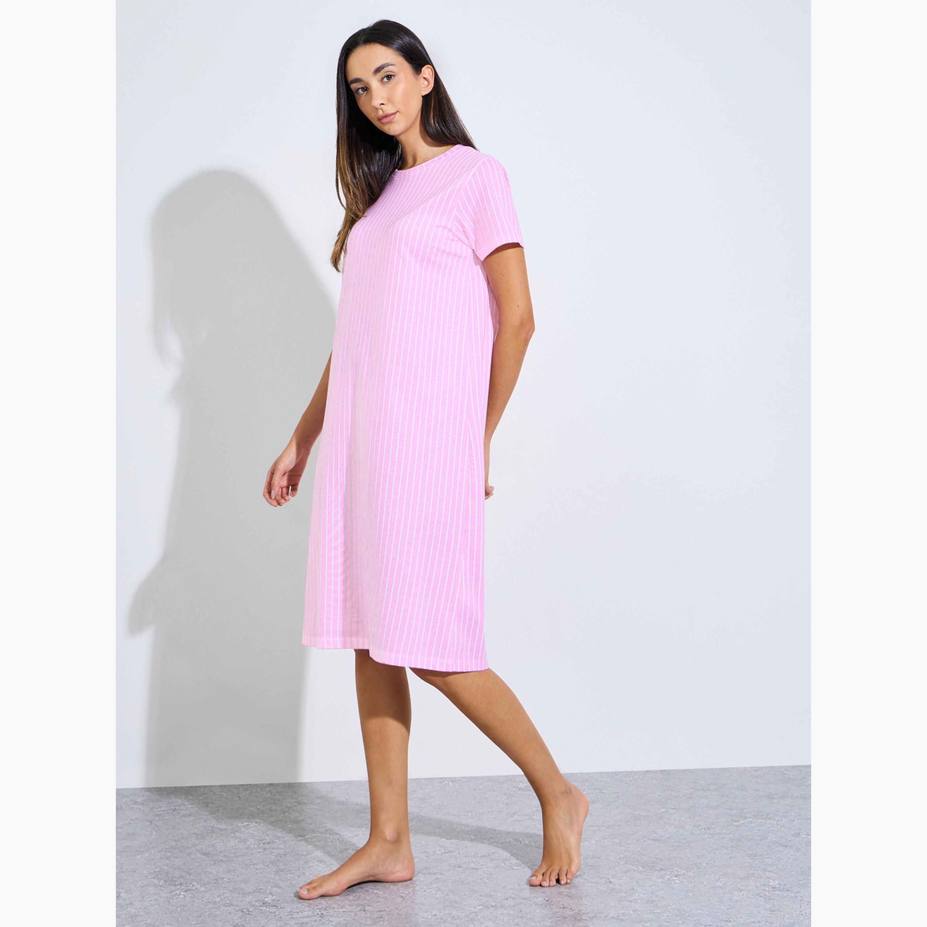 Styli Pack of 2 - Text Print Striped Print Cotton Blend Sleep T-Shirt-women-clothing-nightwear-nighties-image-2